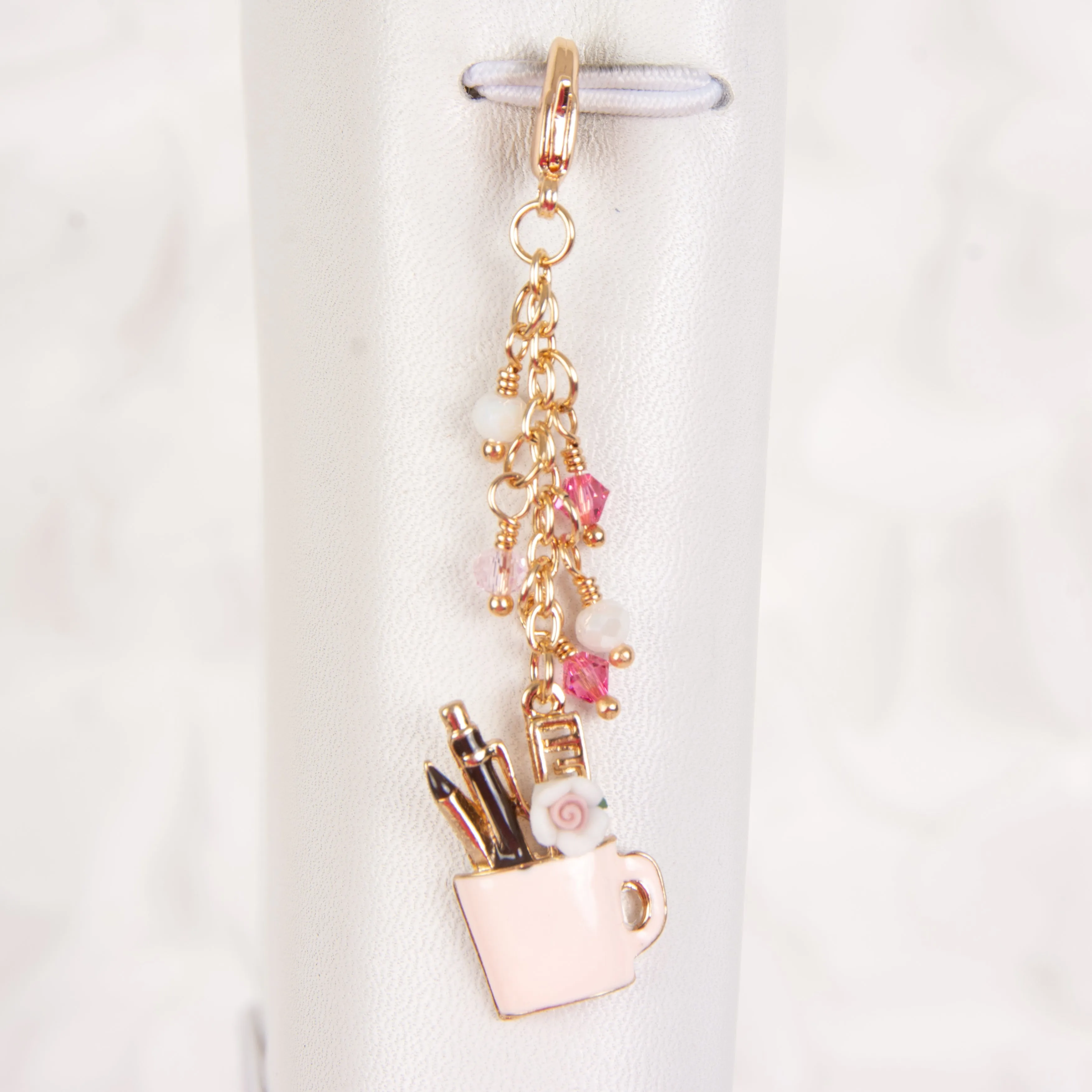 Artist's Coffee Cup Charm with Pink, White and Iridescent Crystals