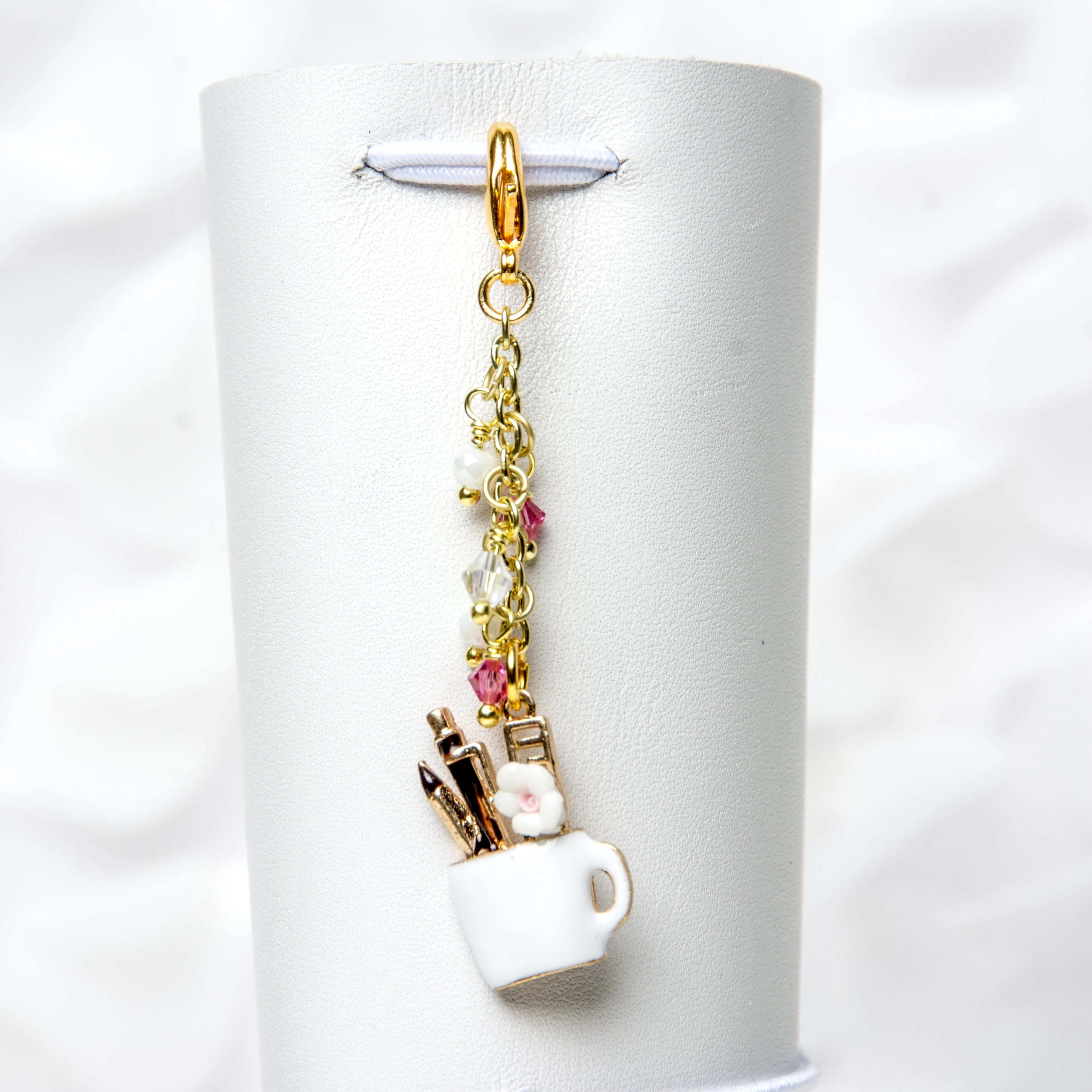 Artist's Coffee Cup Charm with Pink, White and Iridescent Crystals