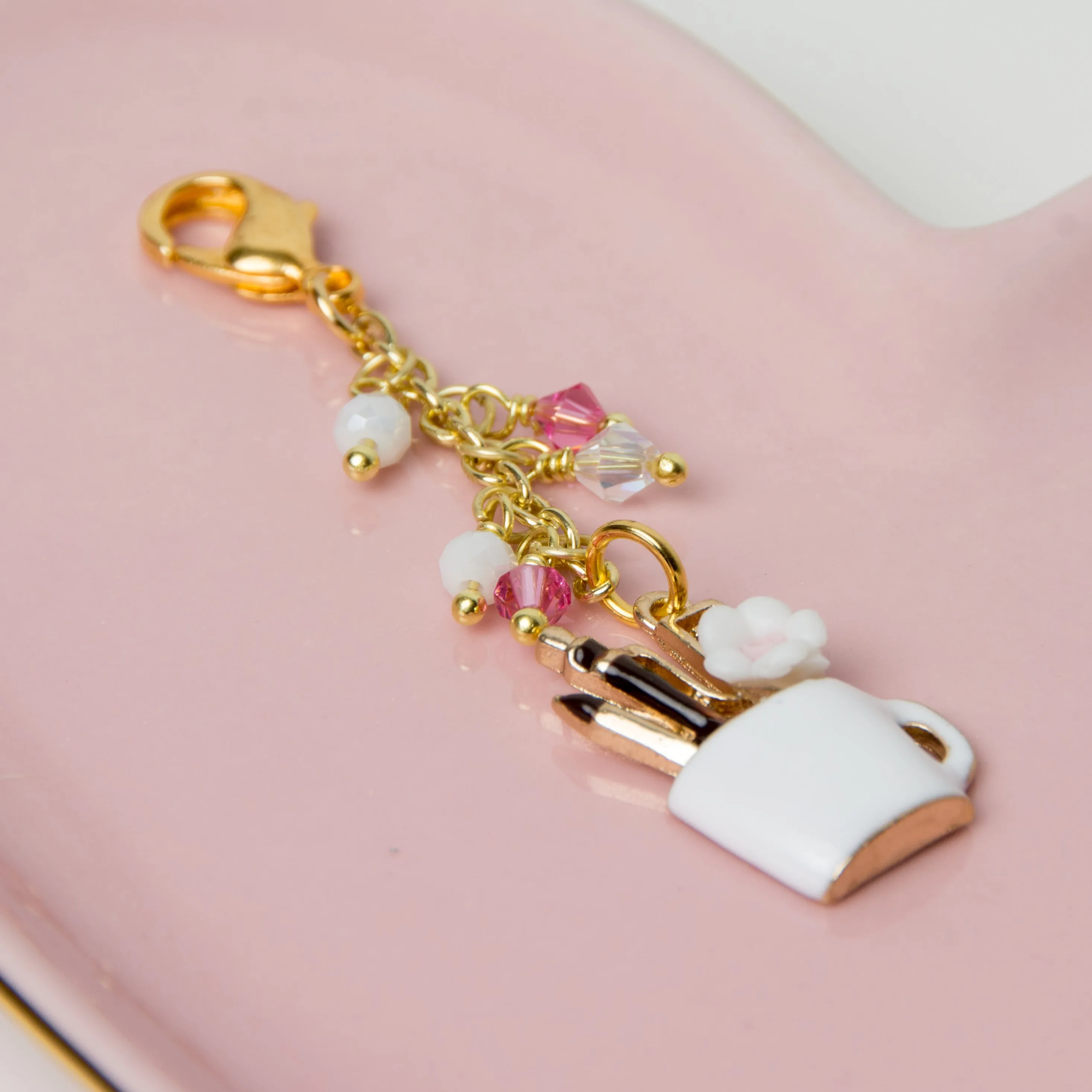 Artist's Coffee Cup Charm with Pink, White and Iridescent Crystals