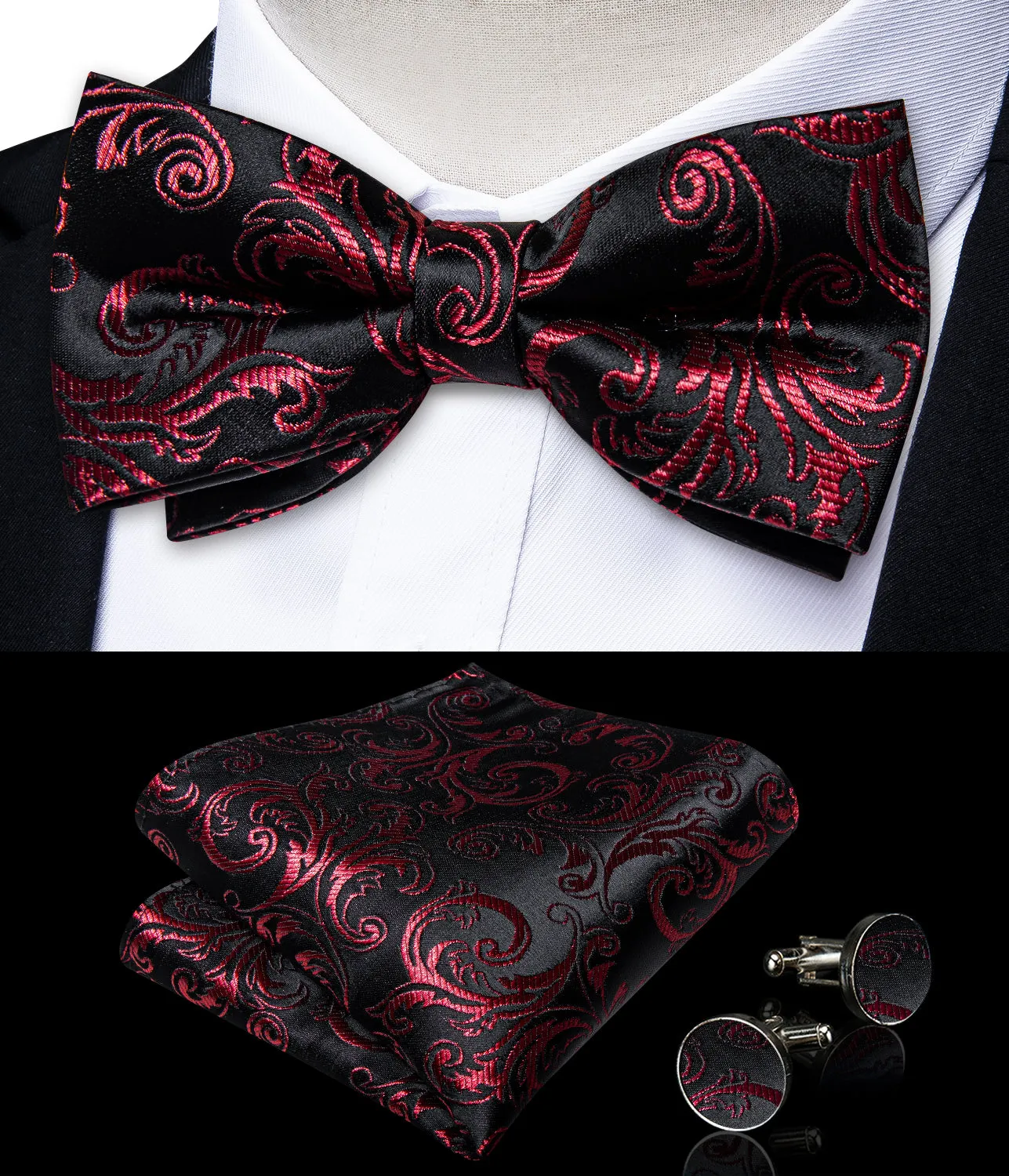 Black Burgundy Red Paisley Y Back Brace Clip-on Men's Suspender with Bow Tie Set