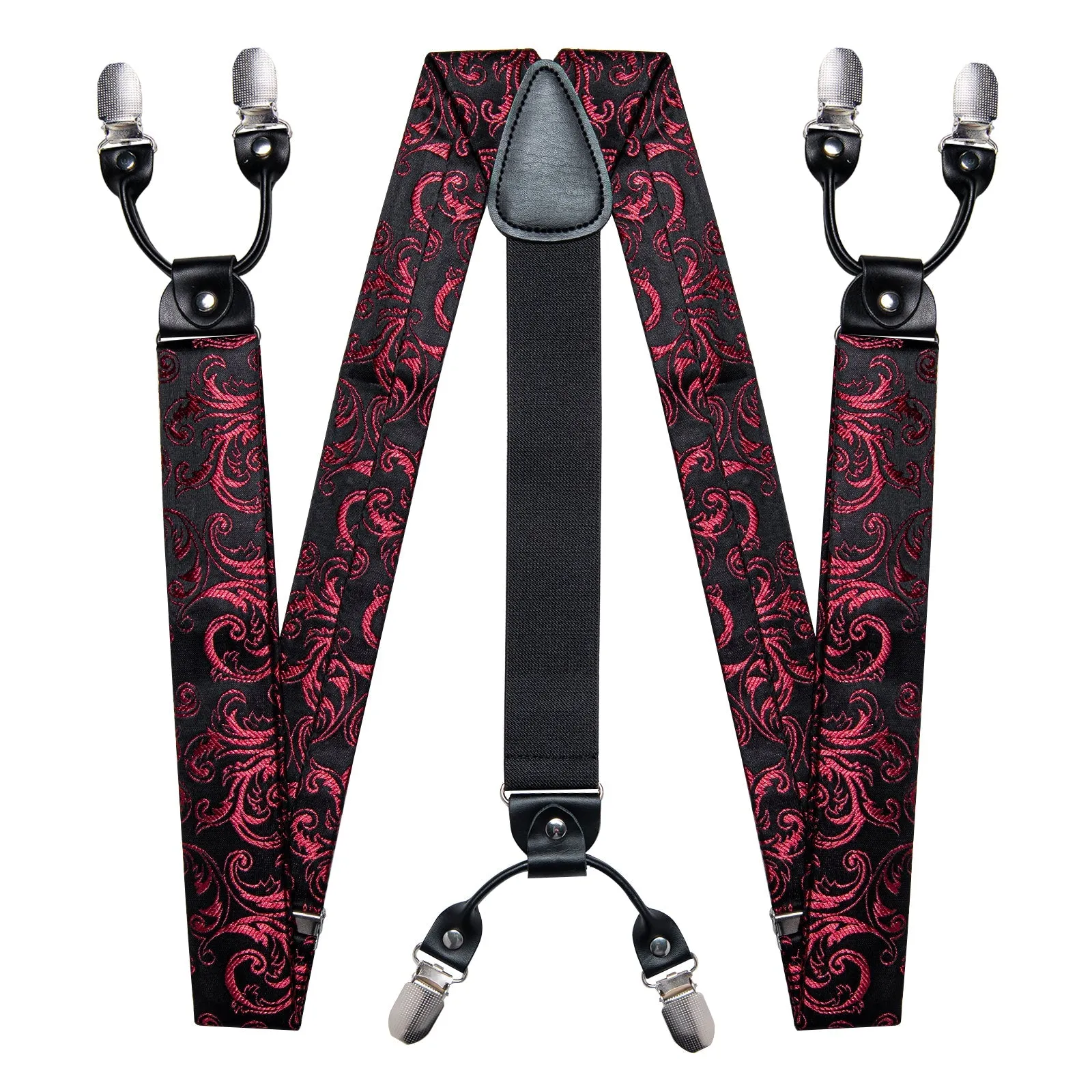 Black Burgundy Red Paisley Y Back Brace Clip-on Men's Suspender with Bow Tie Set