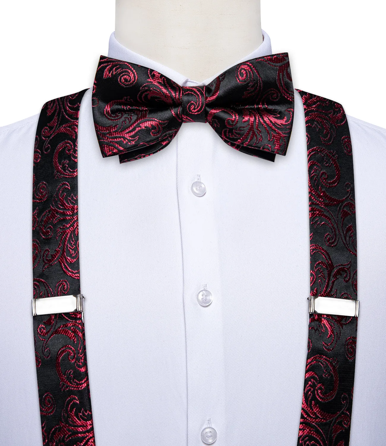 Black Burgundy Red Paisley Y Back Brace Clip-on Men's Suspender with Bow Tie Set