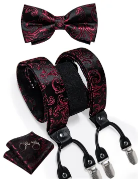 Black Burgundy Red Paisley Y Back Brace Clip-on Men's Suspender with Bow Tie Set