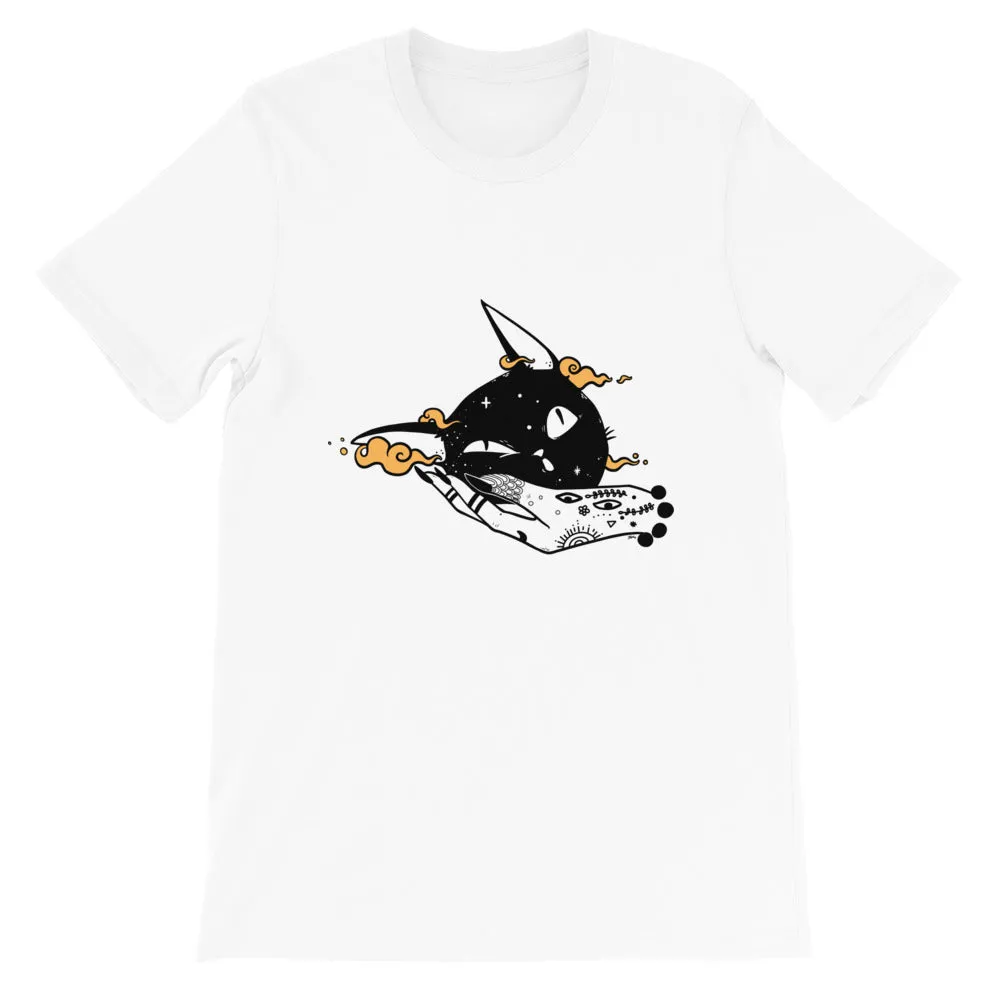 Black Cat Witch Hand, Unisex T-Shirt, White