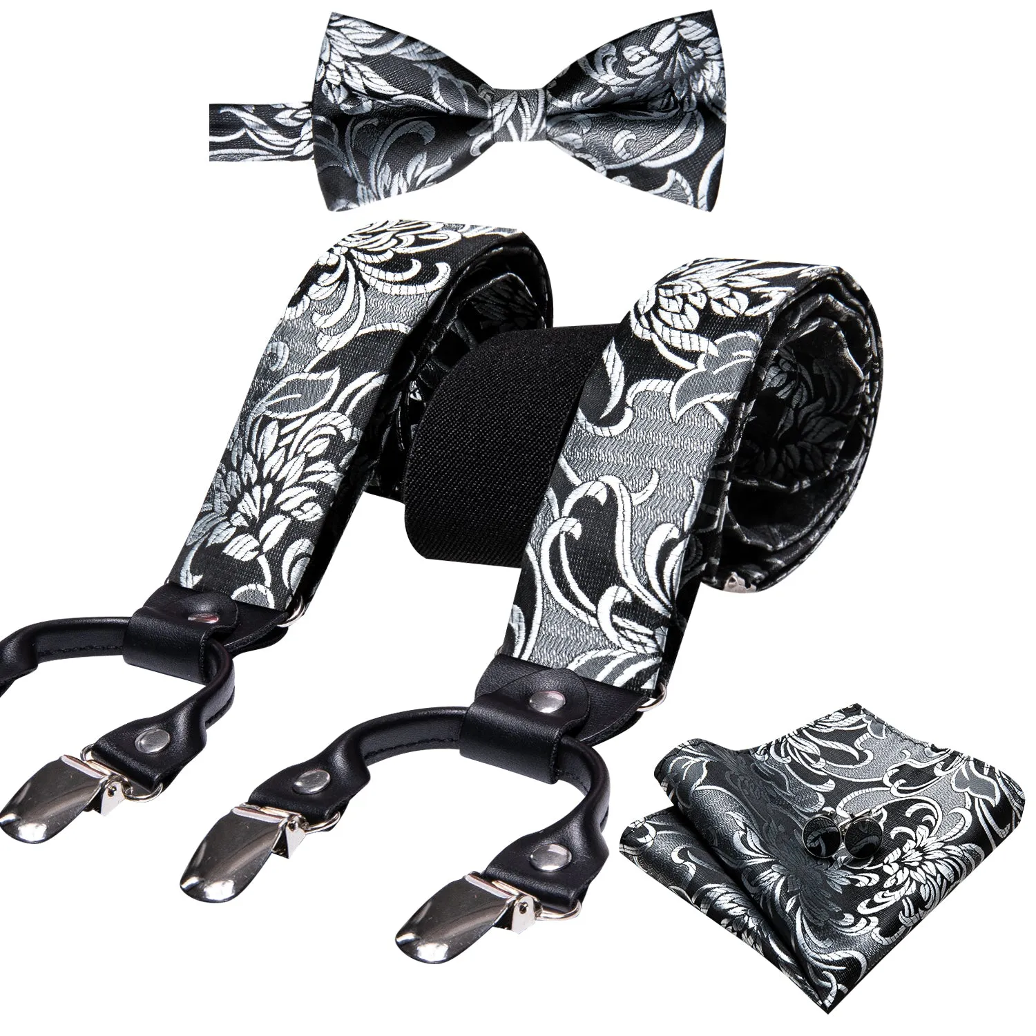 Black Grey Floral Y Back Brace Clip-on Men's Suspender with Bow Tie Set