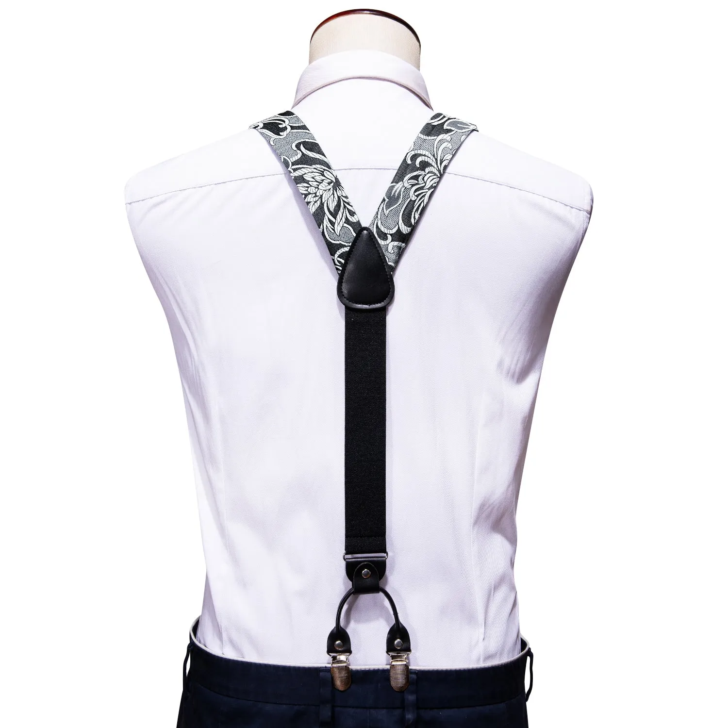 Black Grey Floral Y Back Brace Clip-on Men's Suspender with Bow Tie Set