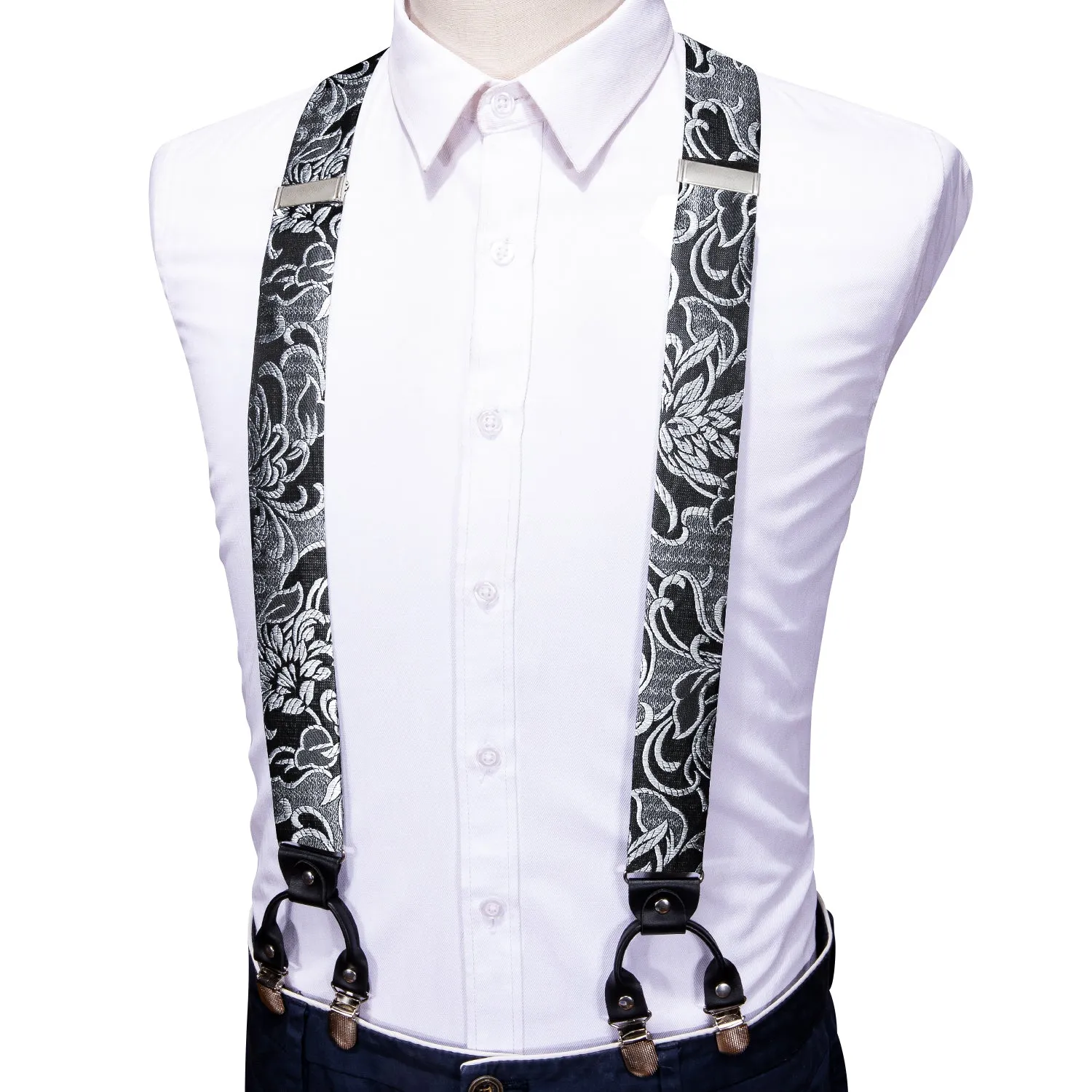 Black Grey Floral Y Back Brace Clip-on Men's Suspender with Bow Tie Set