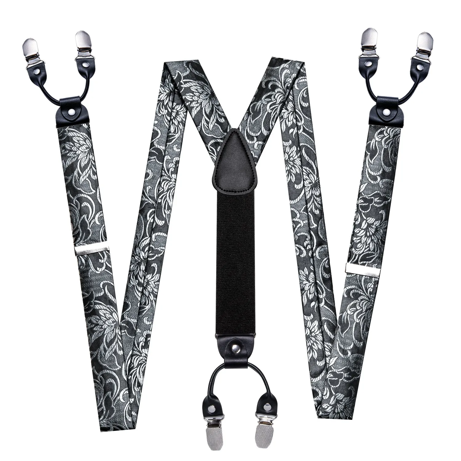 Black Grey Floral Y Back Brace Clip-on Men's Suspender with Bow Tie Set