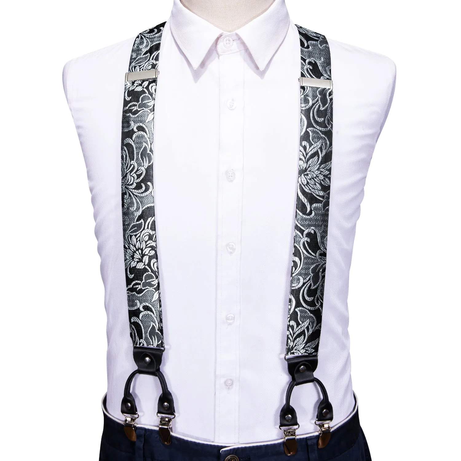 Black Grey Floral Y Back Brace Clip-on Men's Suspender with Bow Tie Set