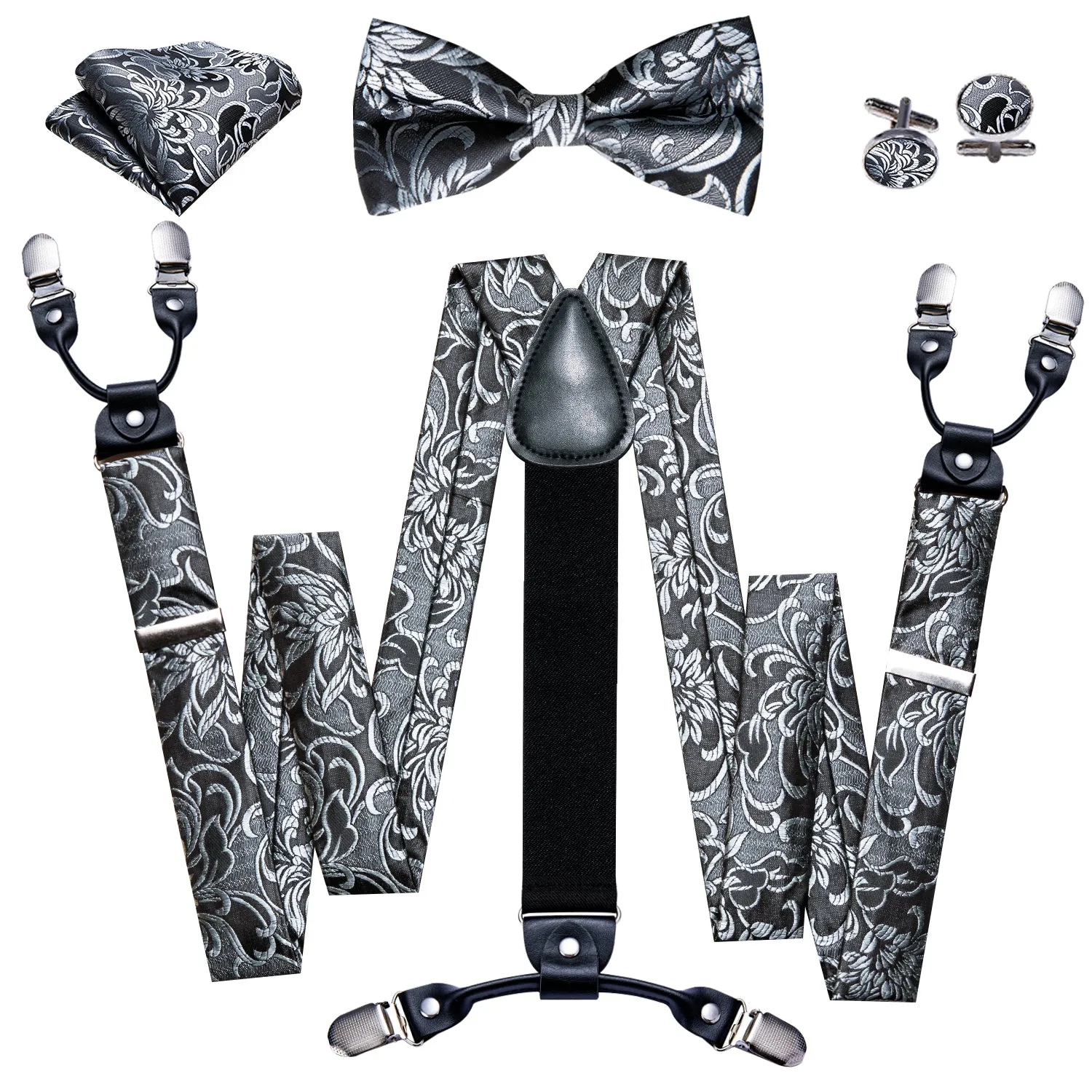 Black Grey Floral Y Back Brace Clip-on Men's Suspender with Bow Tie Set