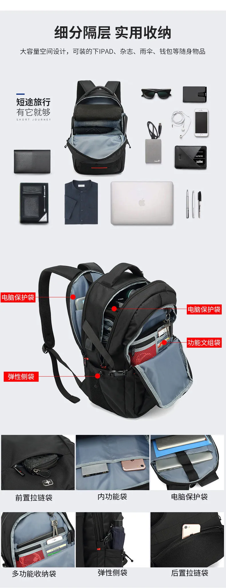 Black high capacity sport outdoor swagger bag backpack for business with European style