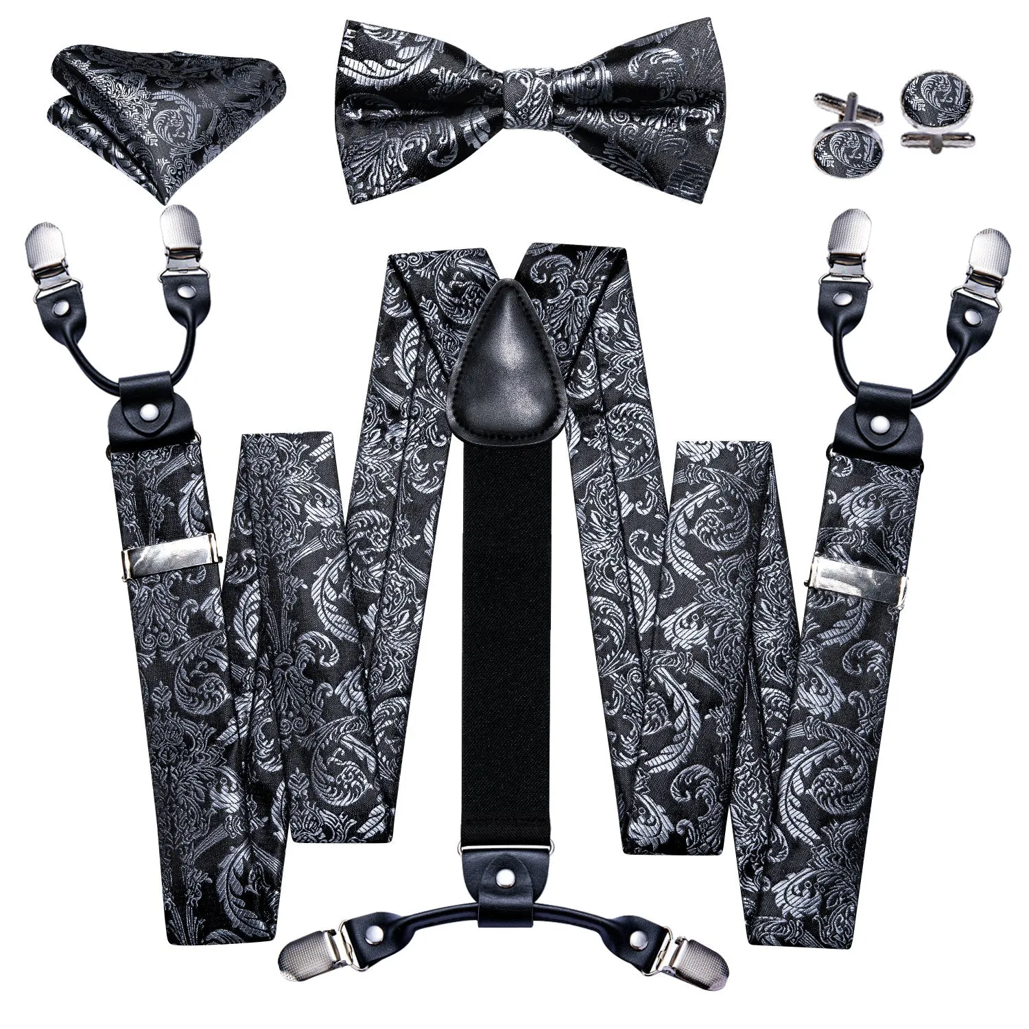 Black White Paisley Y Back Brace Clip-on Men's Suspender with Bow Tie Set