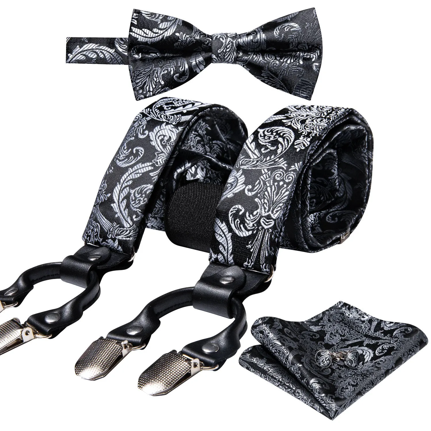 Black White Paisley Y Back Brace Clip-on Men's Suspender with Bow Tie Set