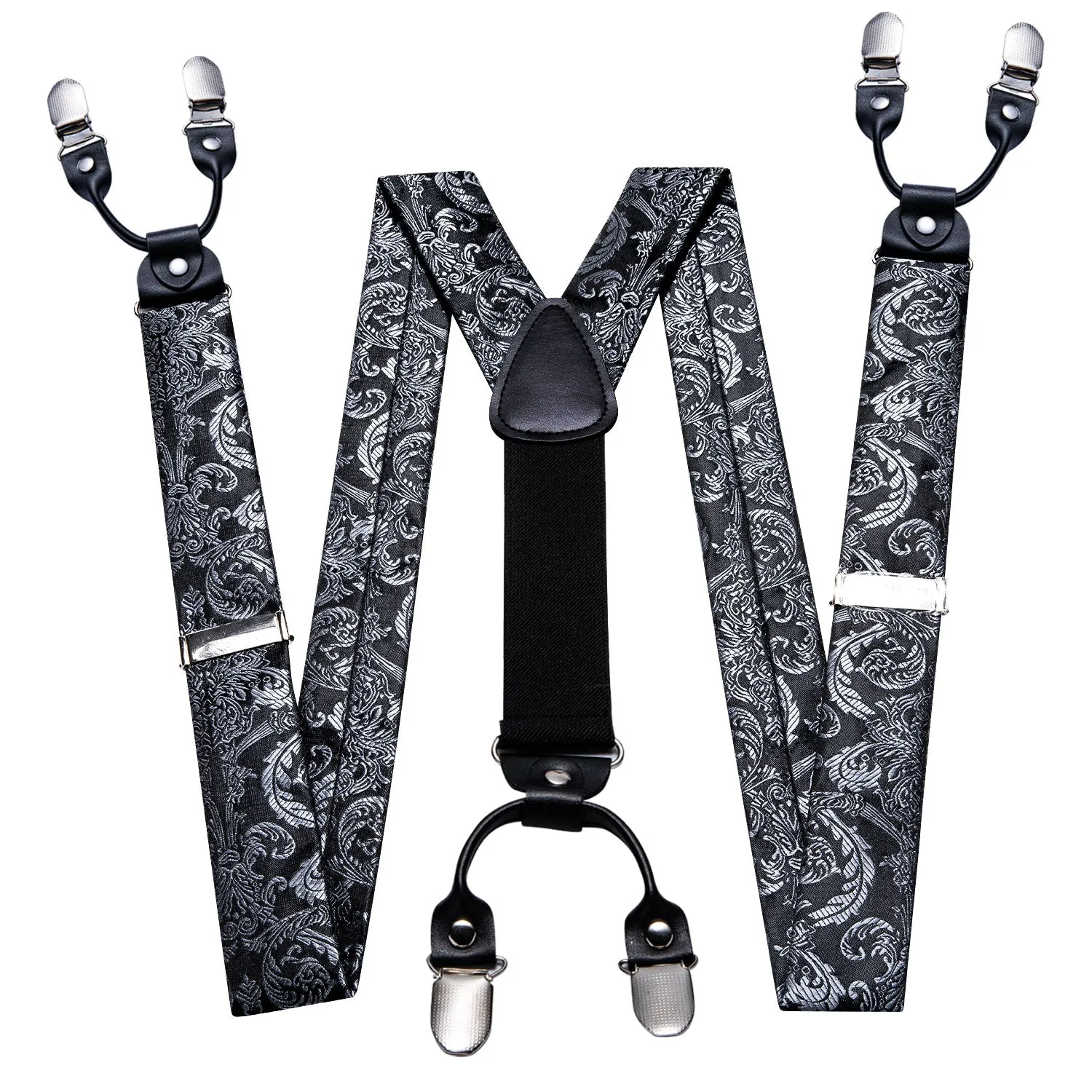 Black White Paisley Y Back Brace Clip-on Men's Suspender with Bow Tie Set