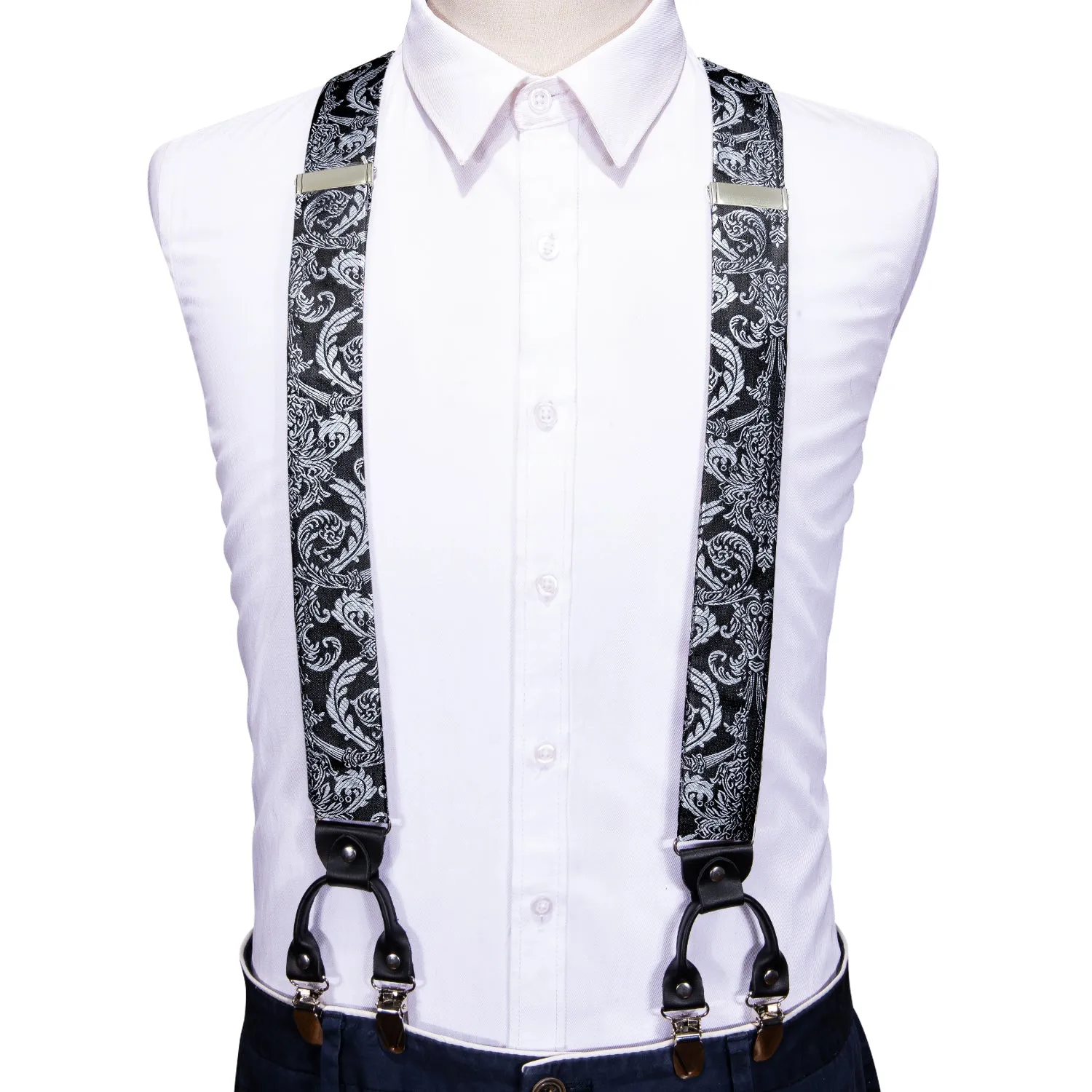 Black White Paisley Y Back Brace Clip-on Men's Suspender with Bow Tie Set