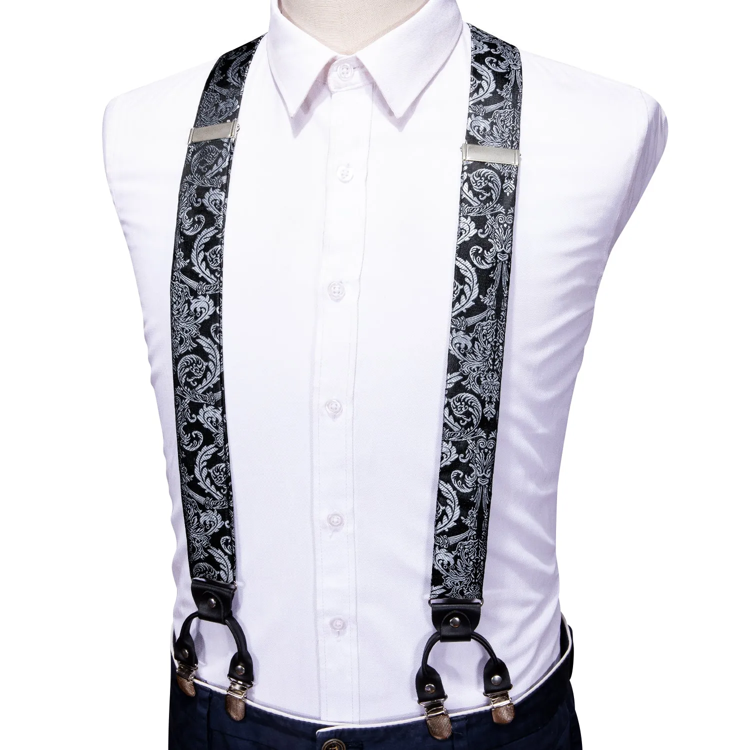 Black White Paisley Y Back Brace Clip-on Men's Suspender with Bow Tie Set