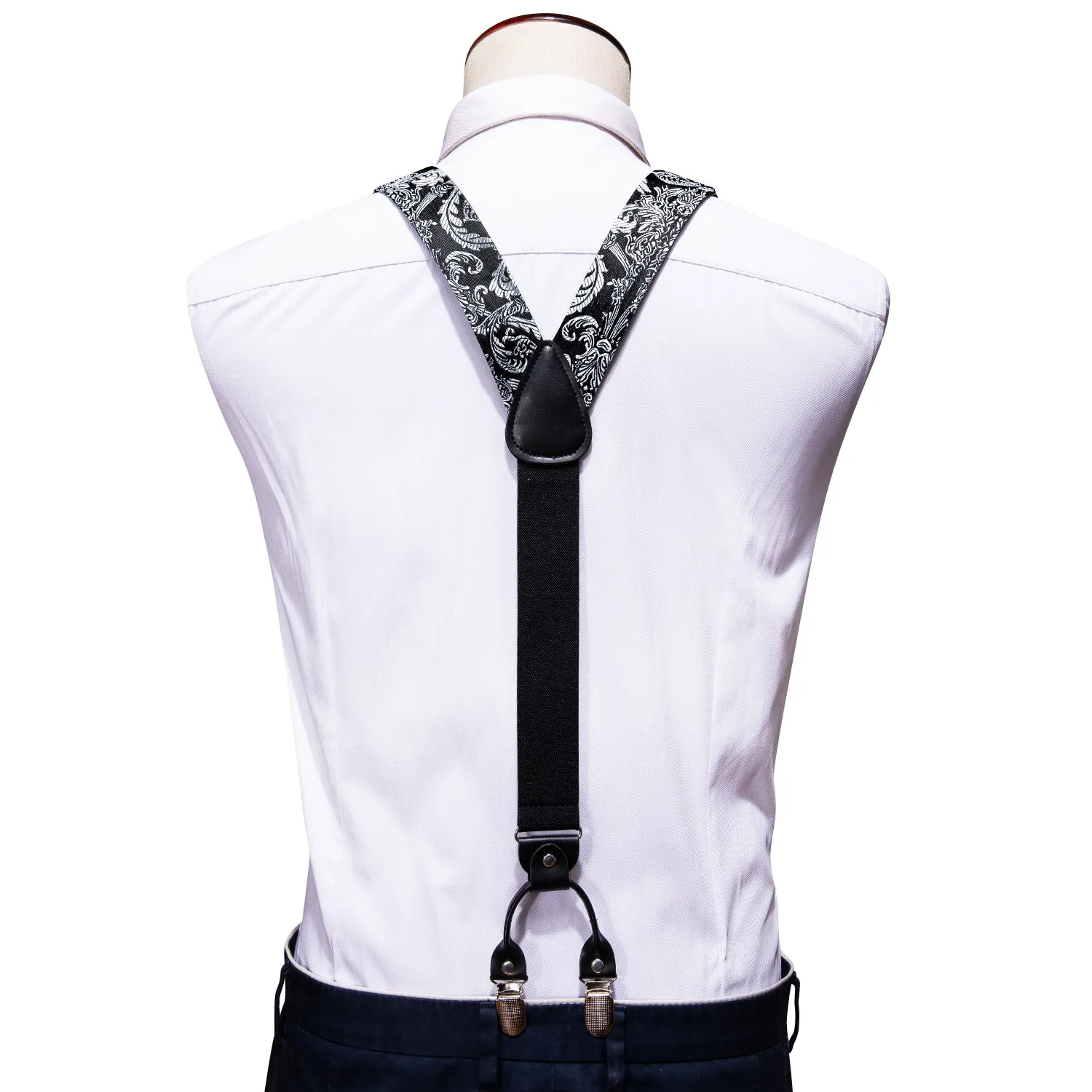 Black White Paisley Y Back Brace Clip-on Men's Suspender with Bow Tie Set