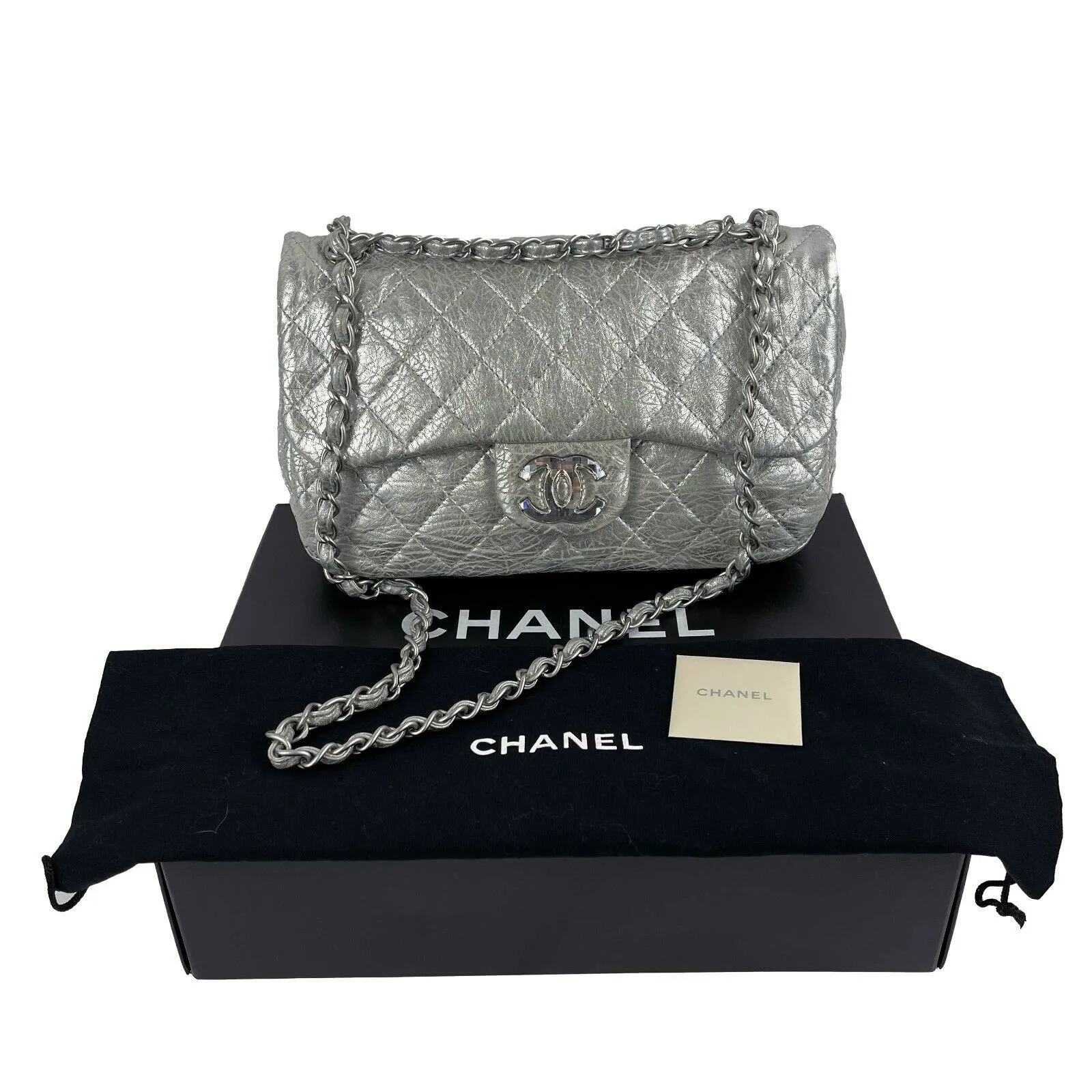 CHANEL - Silver Jumbo Icy Crinkled Leather Flap Bag - Shoulder Bag / Crossbody