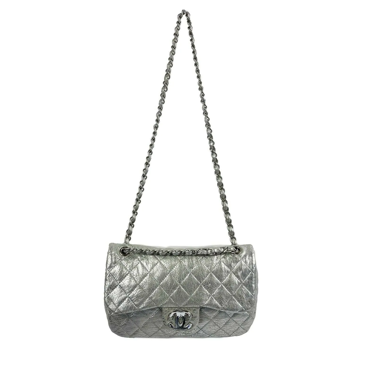 CHANEL - Silver Jumbo Icy Crinkled Leather Flap Bag - Shoulder Bag / Crossbody