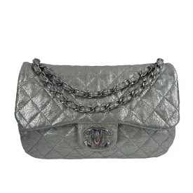 CHANEL - Silver Jumbo Icy Crinkled Leather Flap Bag - Shoulder Bag / Crossbody