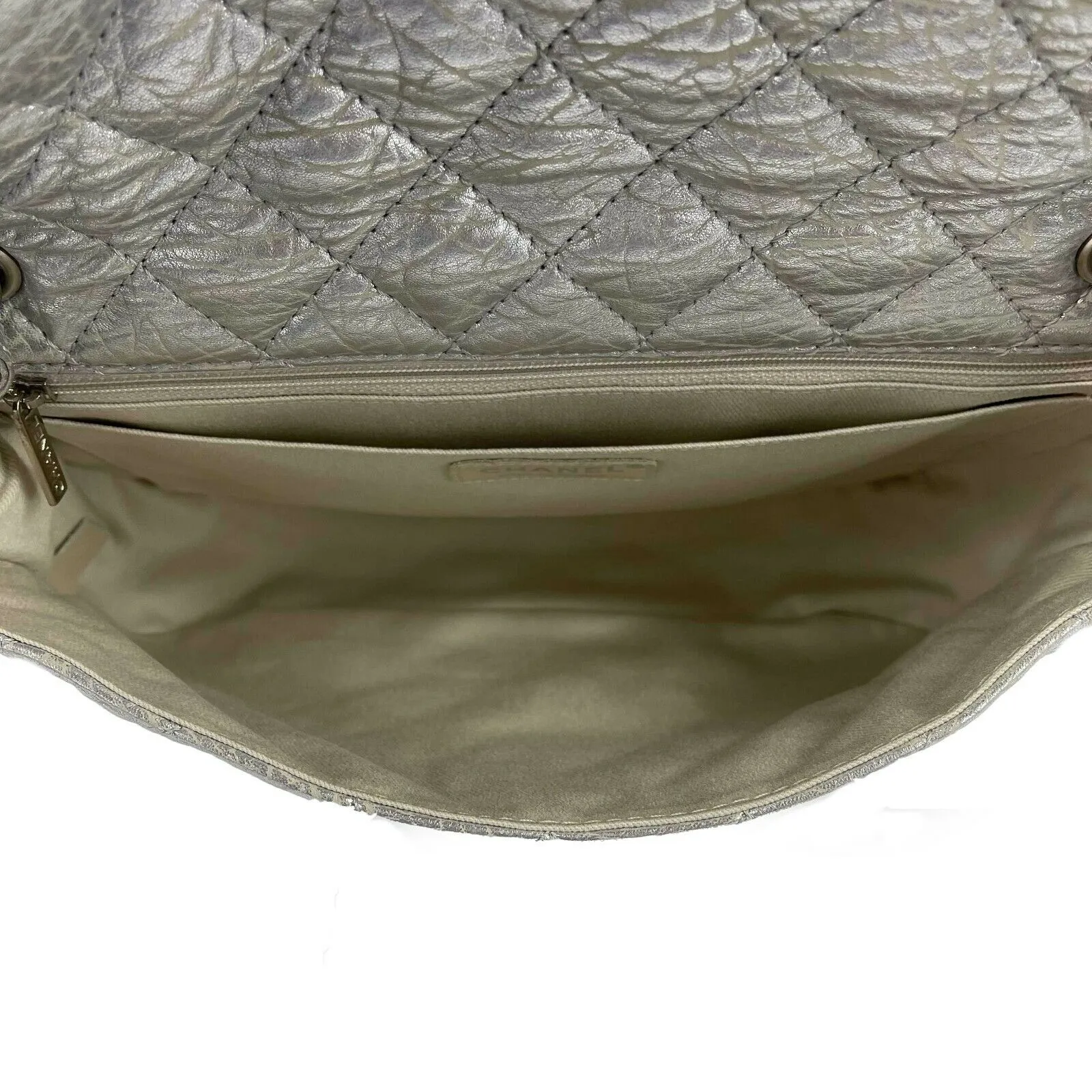 CHANEL - Silver Jumbo Icy Crinkled Leather Flap Bag - Shoulder Bag / Crossbody