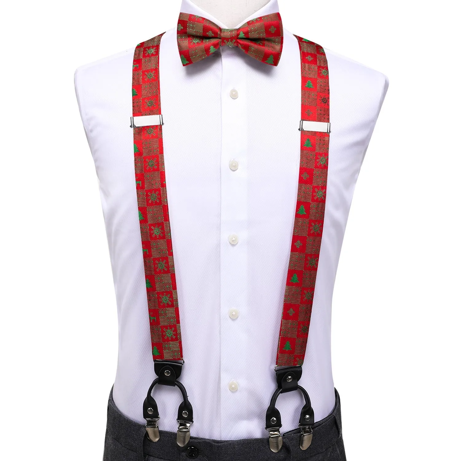 Christmas Red Green Tree Novelty Y Back Brace Clip-on Men's Suspender with Bow Tie Set