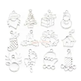 Christmas Silver Open Bezel Charms (12 pieces)