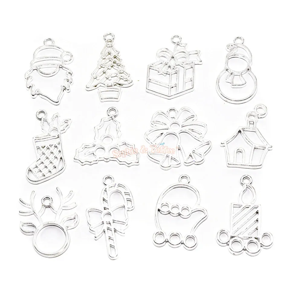 Christmas Silver Open Bezel Charms (12 pieces)