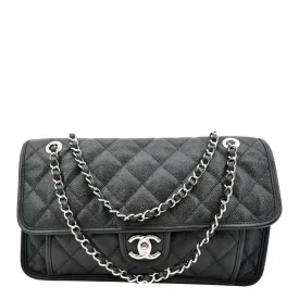 CL Riviera Flap Large Quilted Caviar Leather Shoulder Bag Black