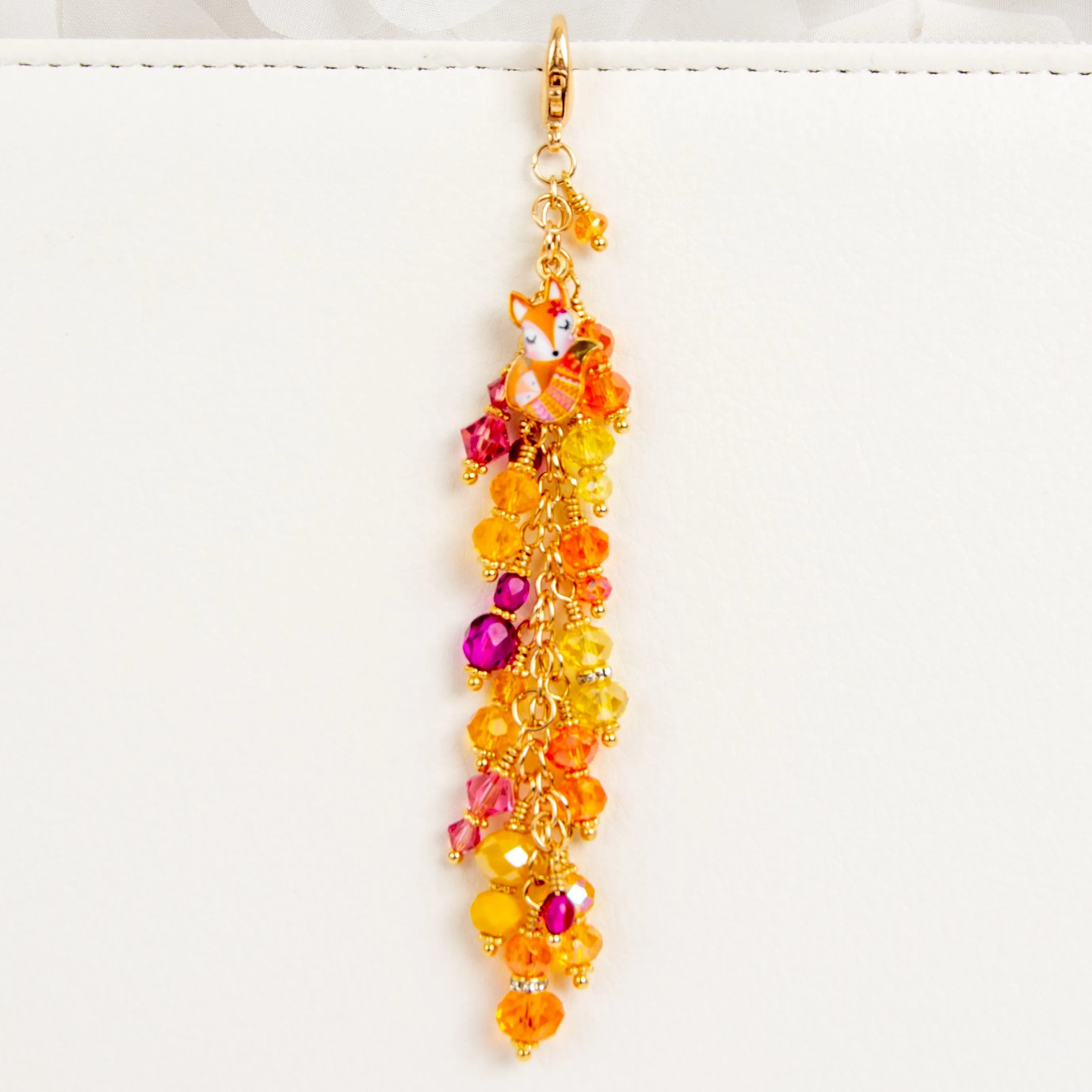 Cute Fox Planner Charm with Orange, Yellow and Pink Crystal Dangle