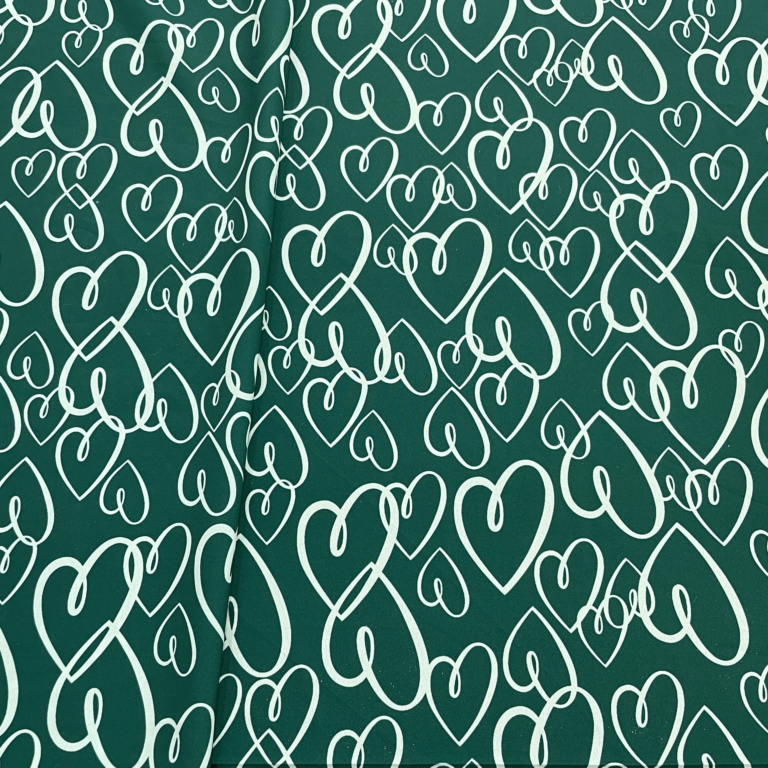 Dark Green Heart Print Crepe Fabric