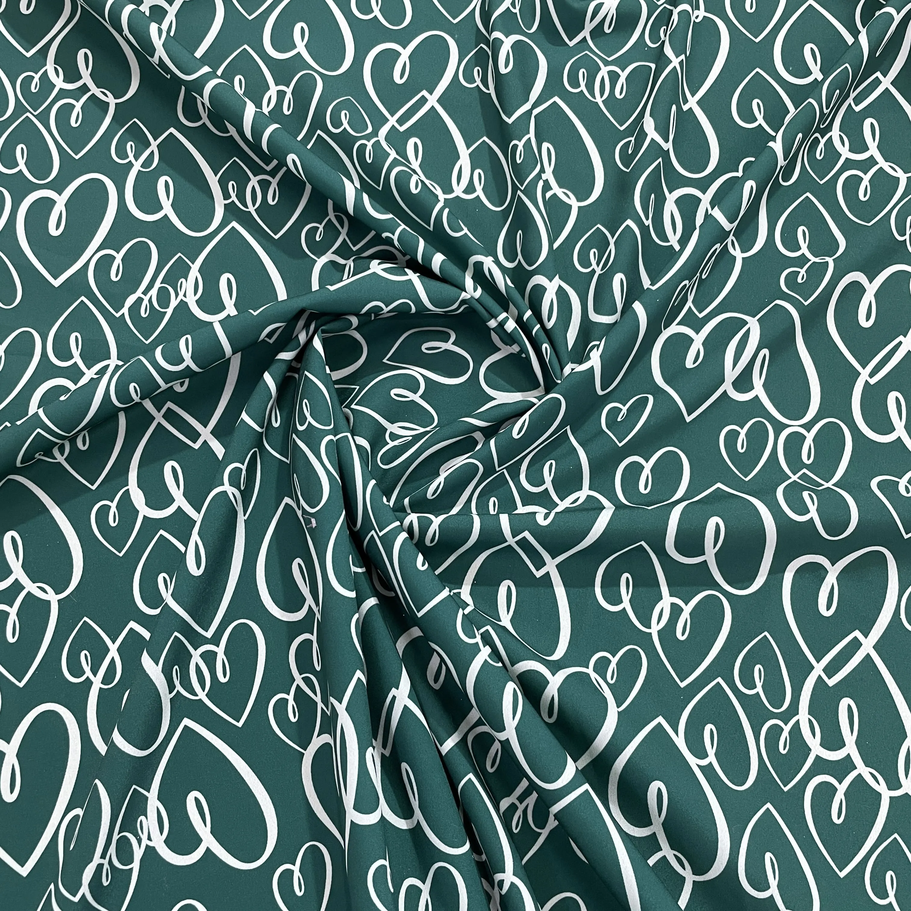 Dark Green Heart Print Crepe Fabric