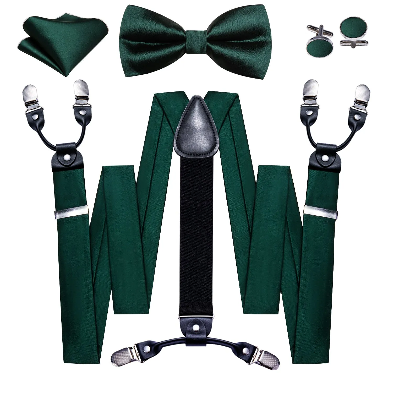 Dark Green Solid Y Back Brace Clip-on Men's Suspender with Bow Tie Set