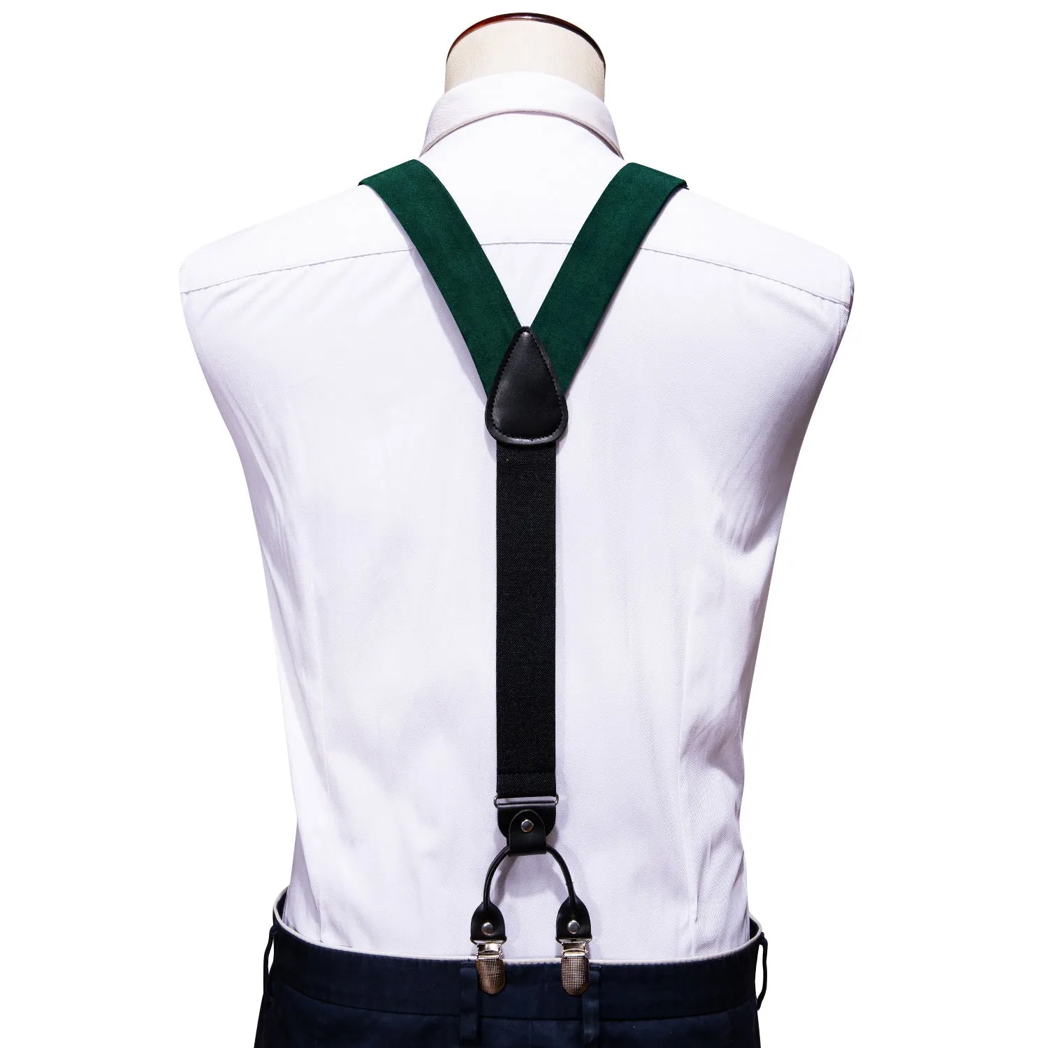 Dark Green Solid Y Back Brace Clip-on Men's Suspender with Bow Tie Set