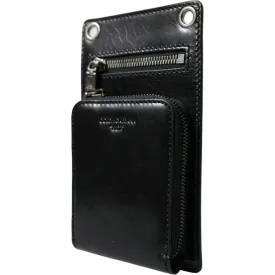 Dolce & Gabbana Black Calf Leather Zip Logo Shoulder Neck Strap Wallet