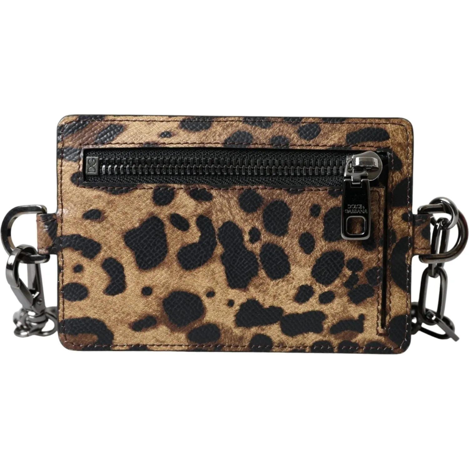 Dolce & Gabbana Brown Leather Leopard Print Logo Plaque Cardholder Wallet