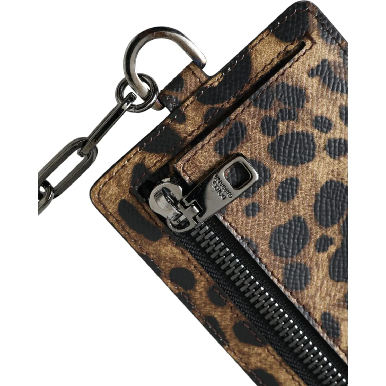 Dolce & Gabbana Brown Leather Leopard Print Logo Plaque Cardholder Wallet