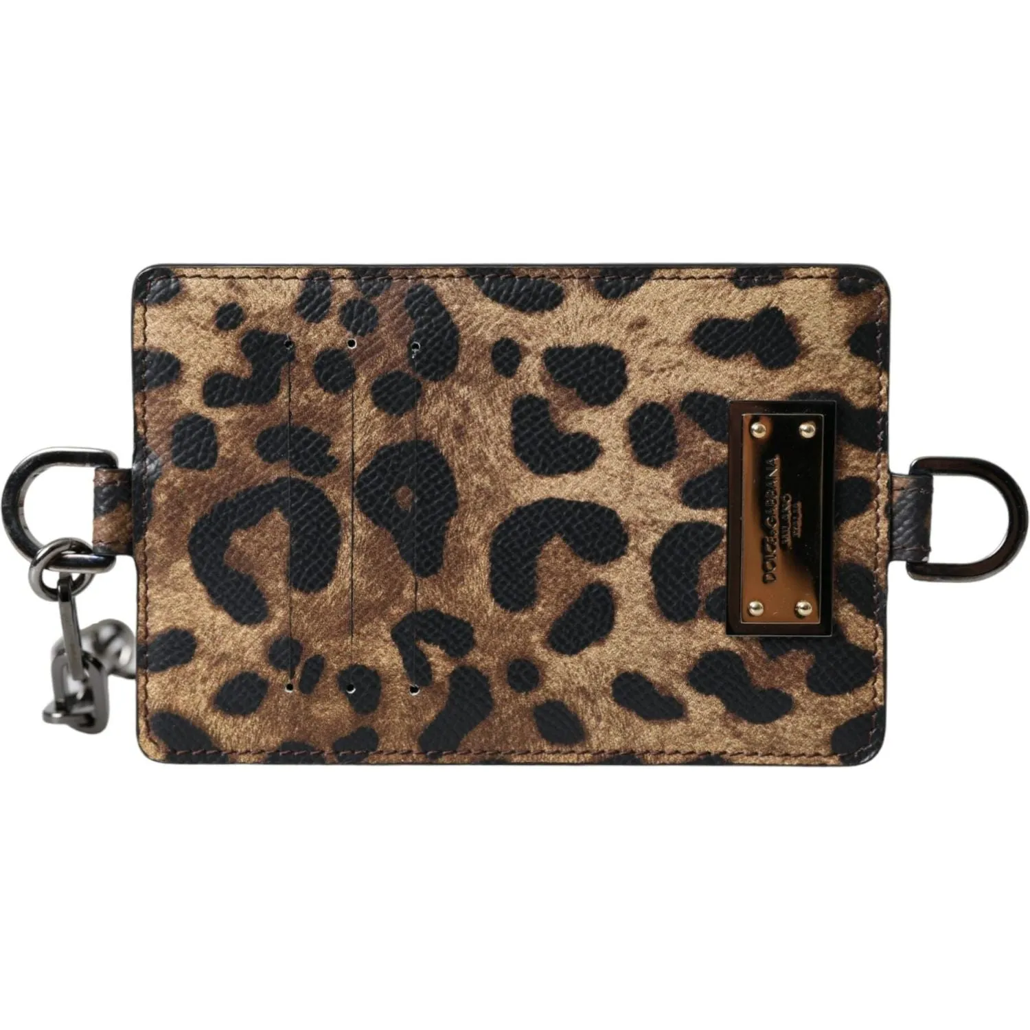 Dolce & Gabbana Brown Leather Leopard Print Logo Plaque Cardholder Wallet