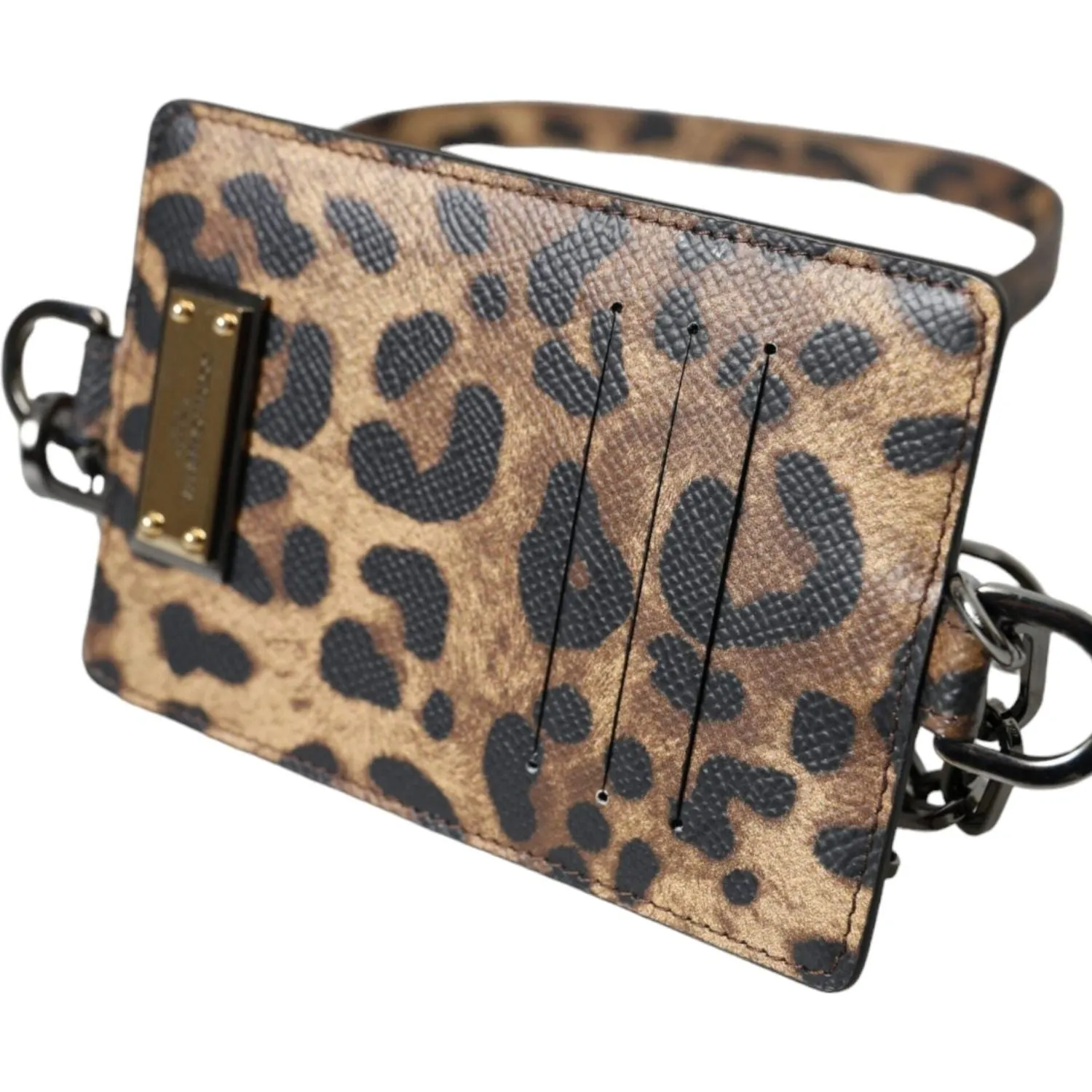 Dolce & Gabbana Brown Leather Leopard Print Logo Plaque Cardholder Wallet