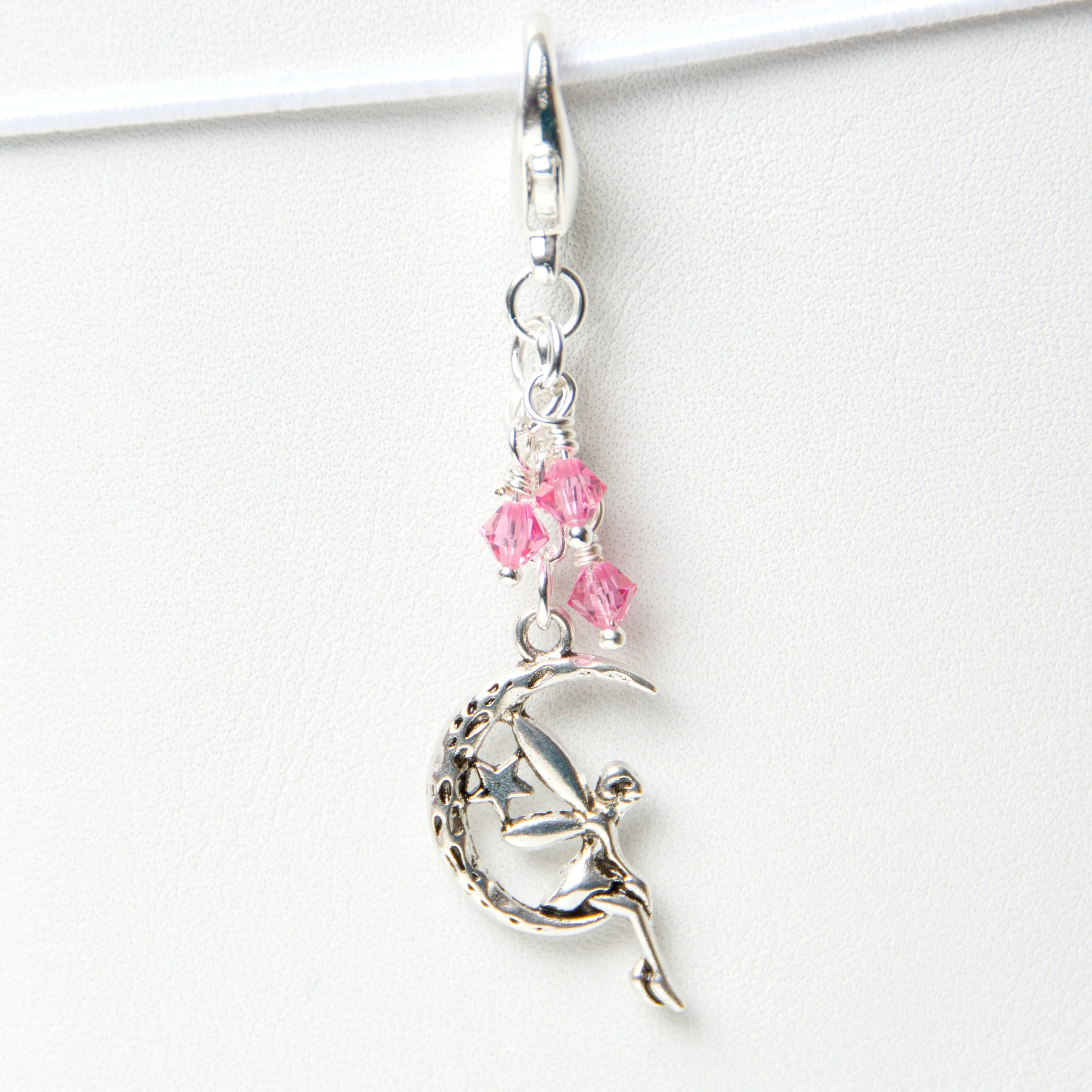 Fairy on Moon Charm with Pink Crystals in Silver or Gold