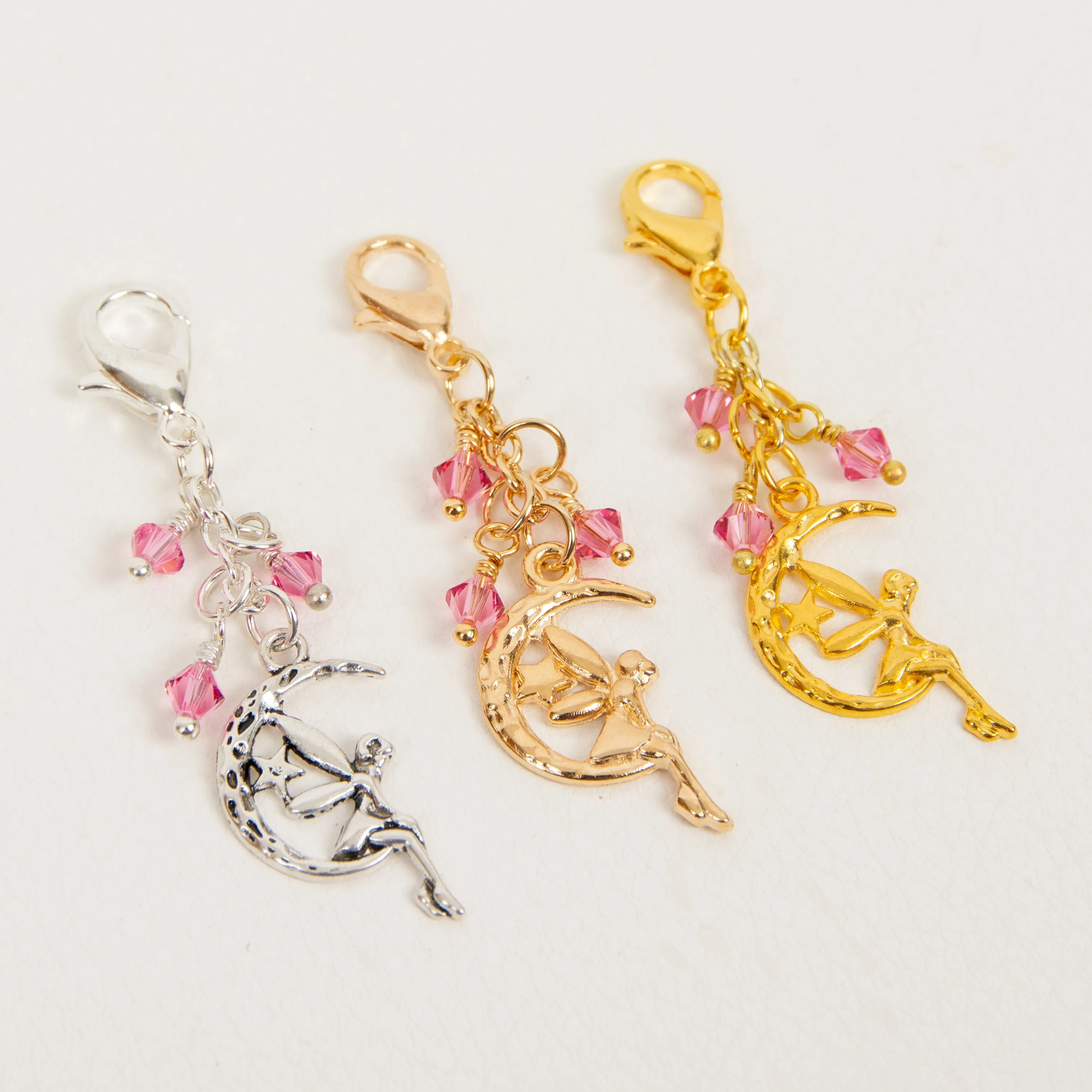 Fairy on Moon Charm with Pink Crystals in Silver or Gold