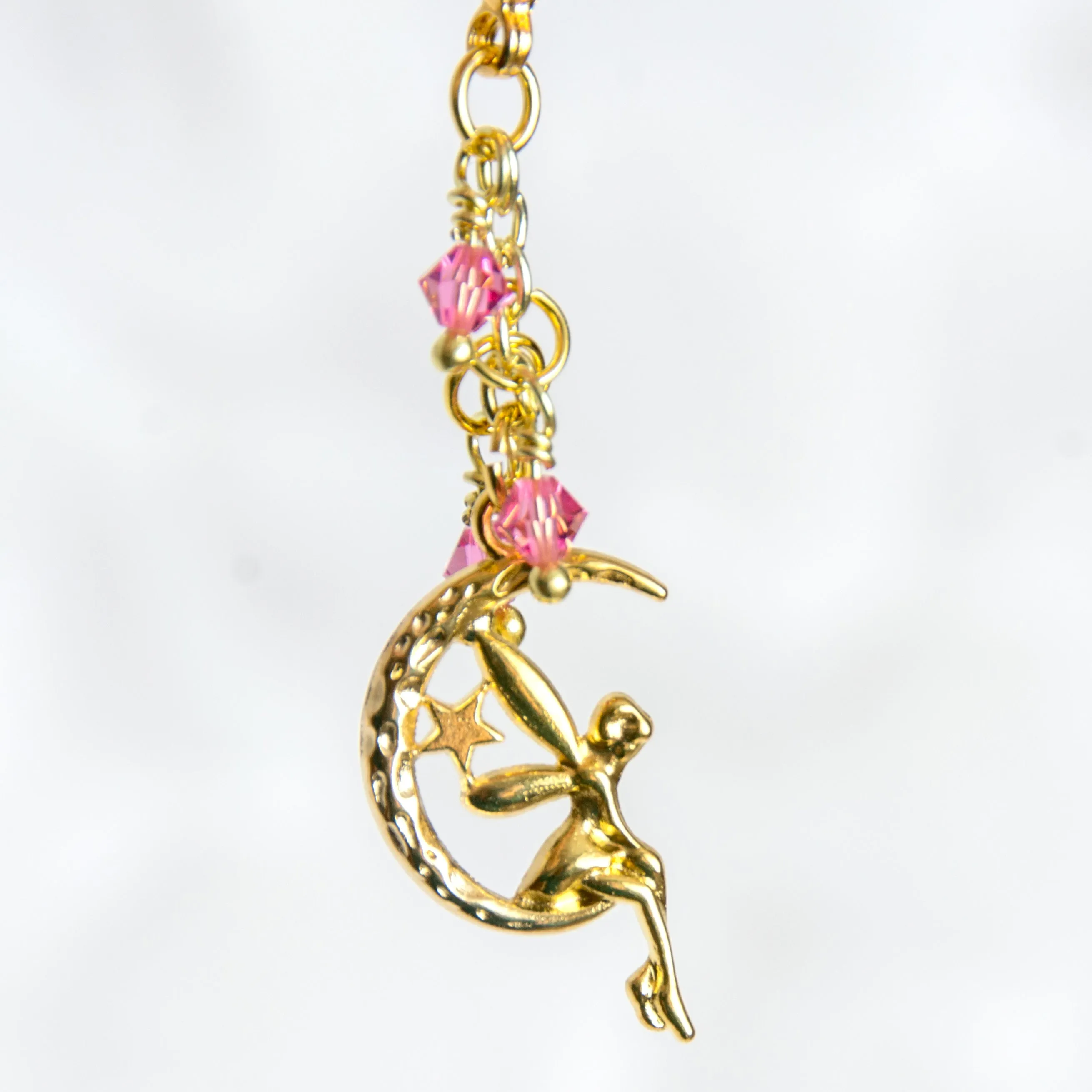 Fairy on Moon Charm with Pink Crystals in Silver or Gold