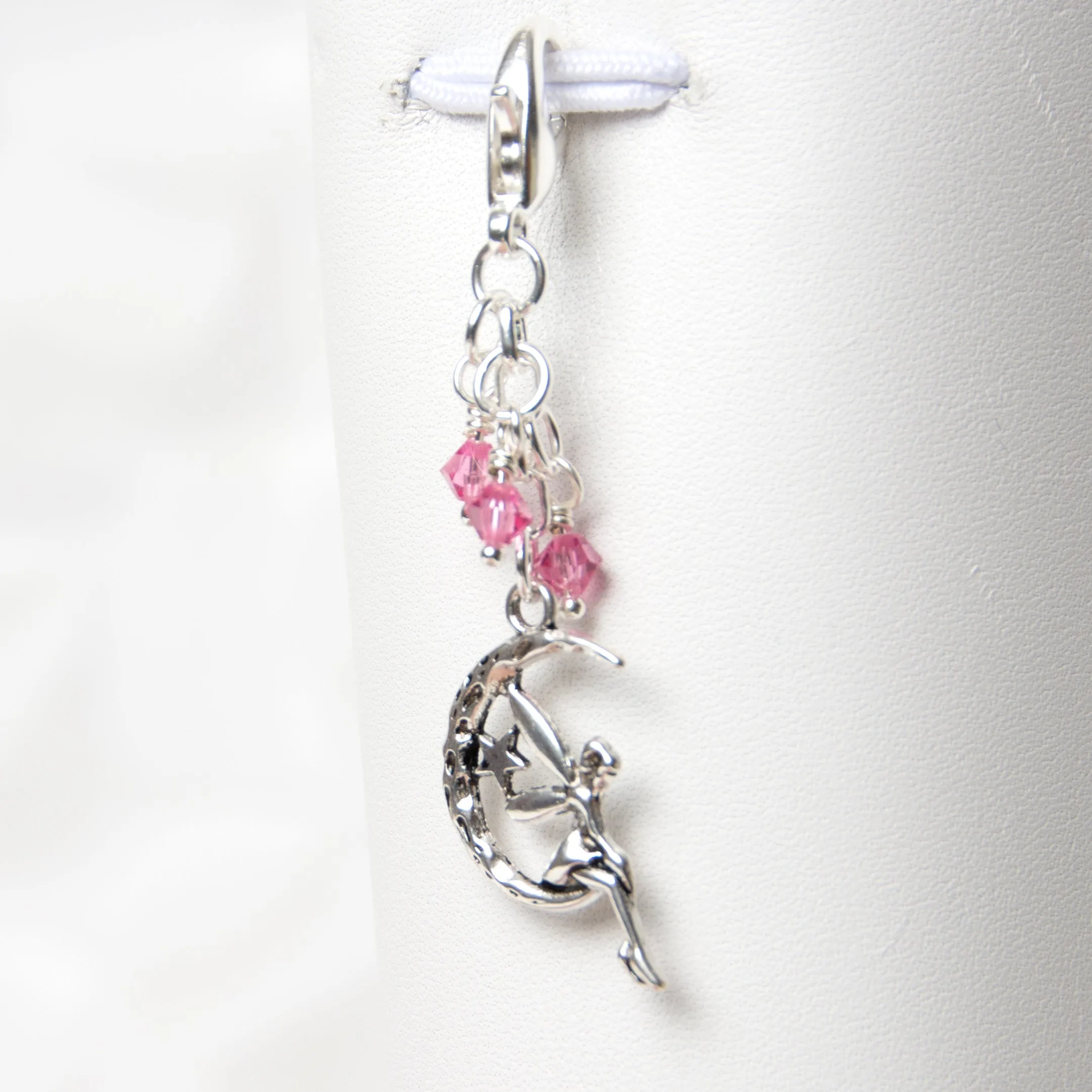 Fairy on Moon Charm with Pink Crystals in Silver or Gold