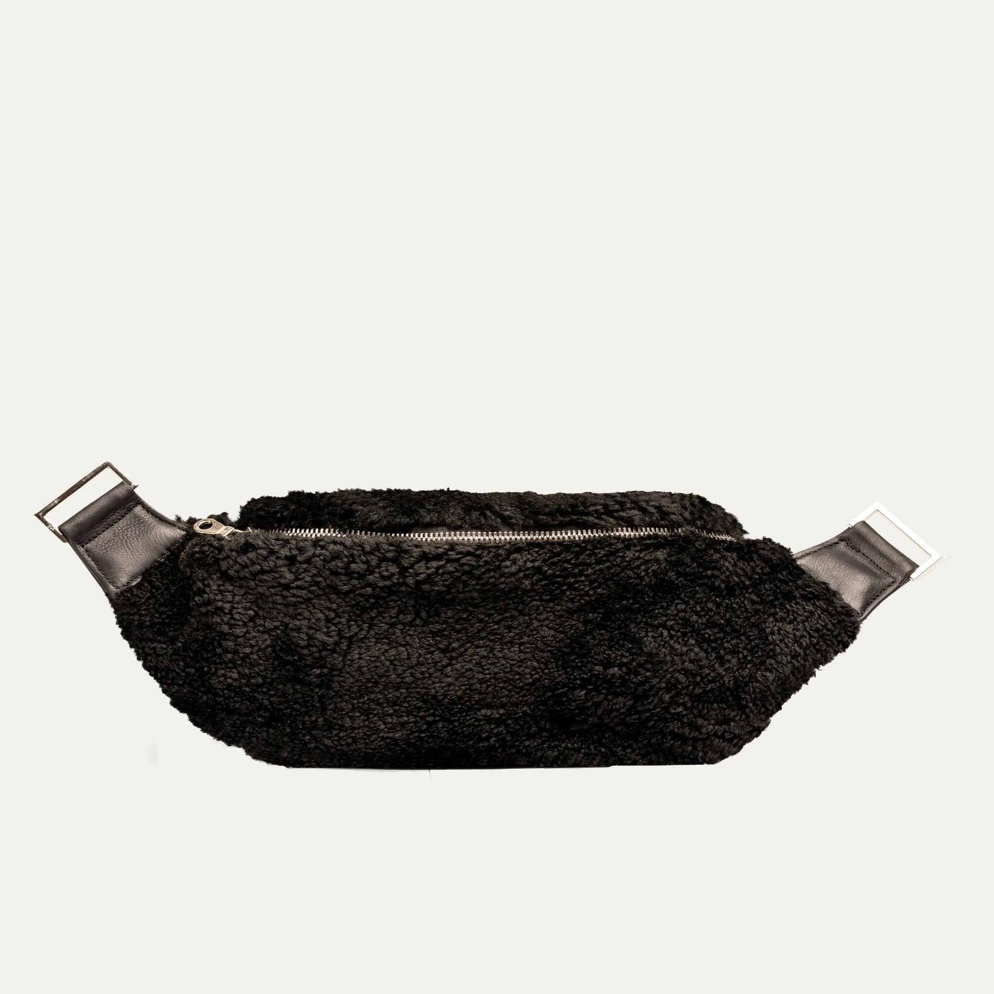 Genuine Shearling Fanny Pack   Crossbody Bag | Black   Silver Hardware