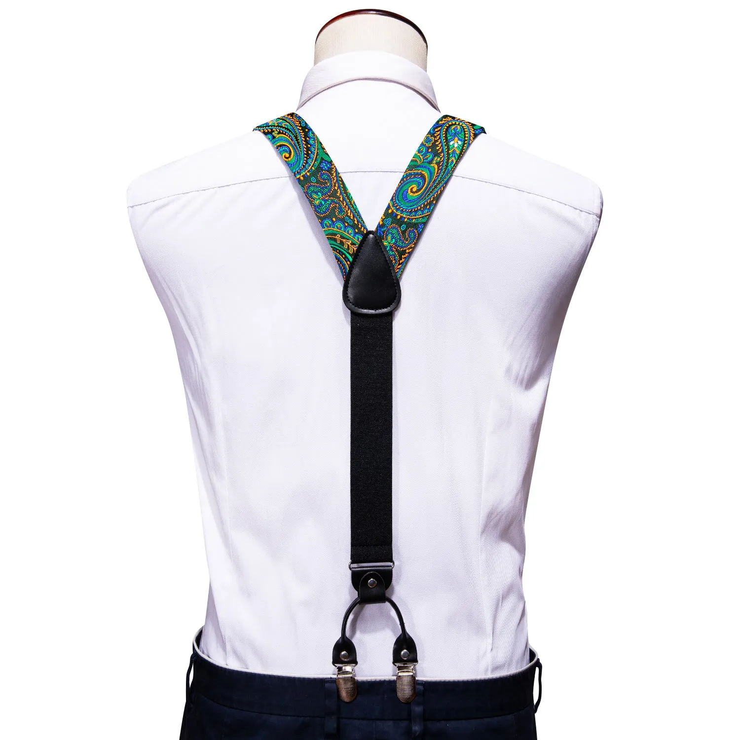 Green Yellow Paisley Y Back Brace Clip-on Men's Suspender with Bow Tie Set