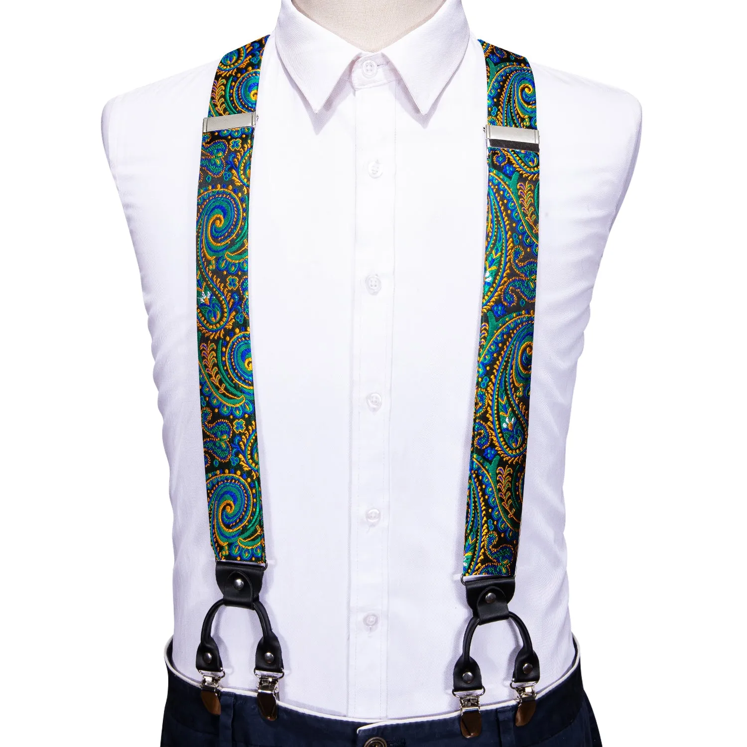 Green Yellow Paisley Y Back Brace Clip-on Men's Suspender with Bow Tie Set