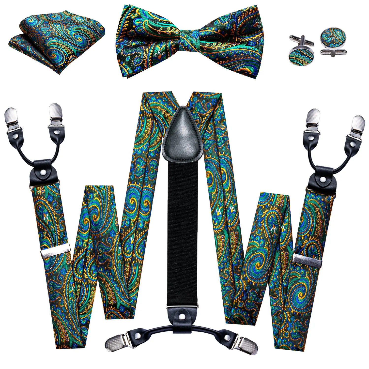 Green Yellow Paisley Y Back Brace Clip-on Men's Suspender with Bow Tie Set