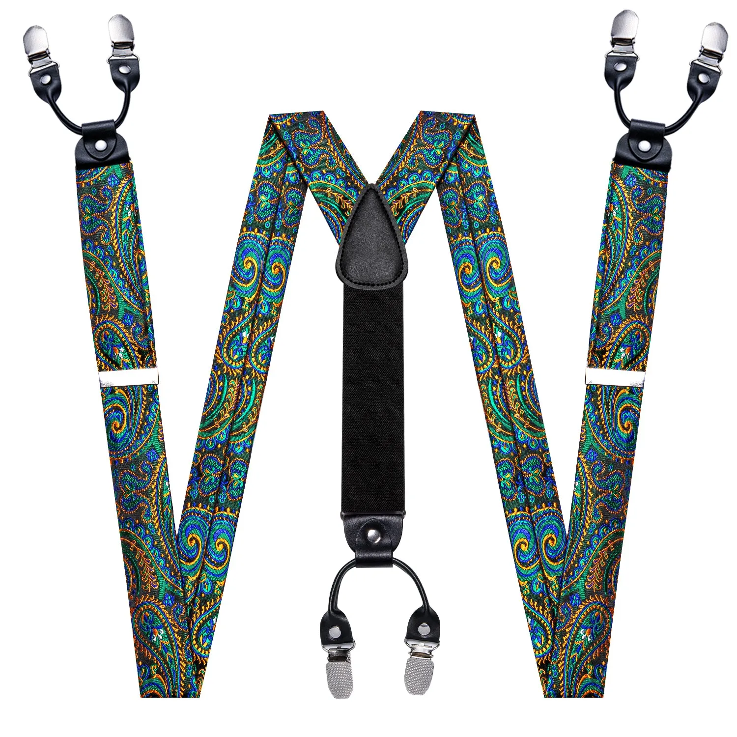 Green Yellow Paisley Y Back Brace Clip-on Men's Suspender with Bow Tie Set