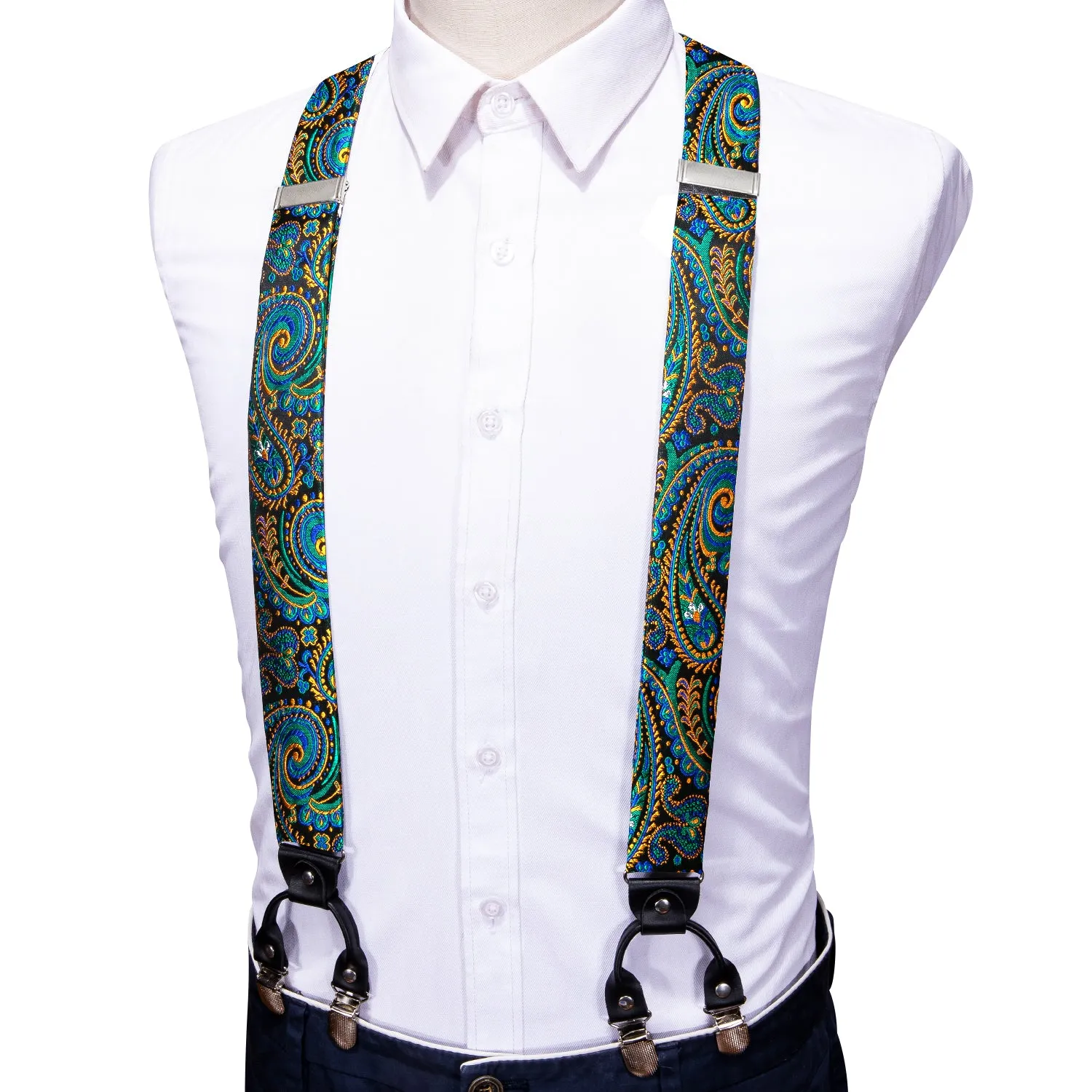 Green Yellow Paisley Y Back Brace Clip-on Men's Suspender with Bow Tie Set