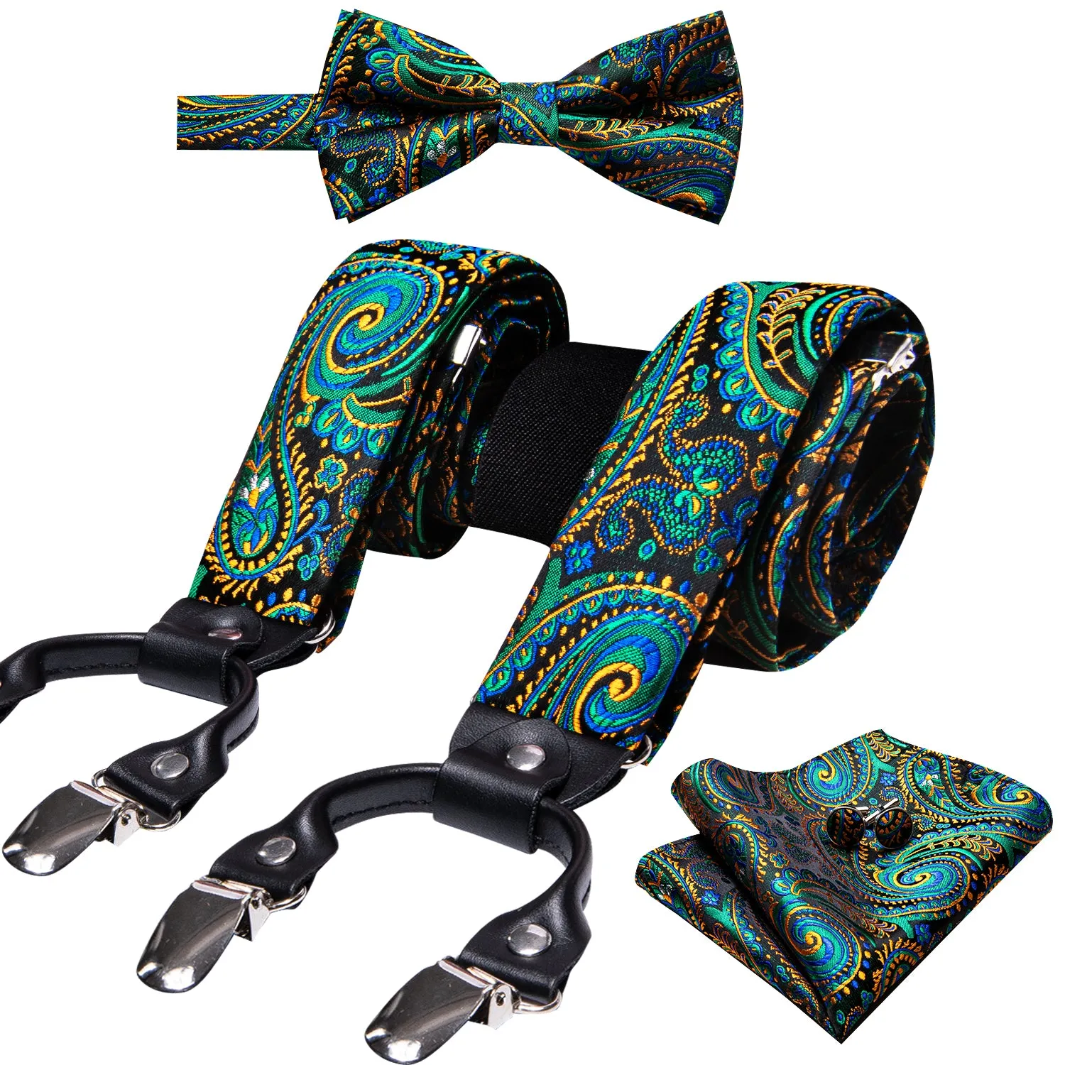 Green Yellow Paisley Y Back Brace Clip-on Men's Suspender with Bow Tie Set